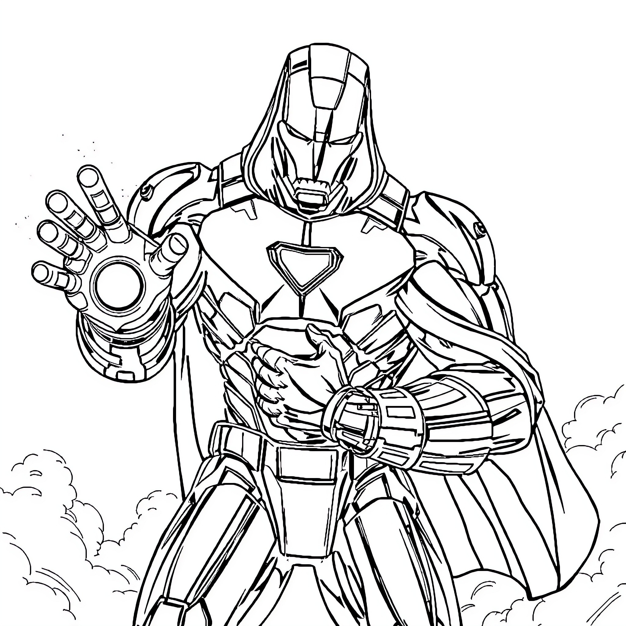 Iron Man in Action Pose with Outstretched Arm Coloring Page (free black-and-white line drawing printable PDF for all, from beginners to advanced learners, including children, teens, adults, and seniors)