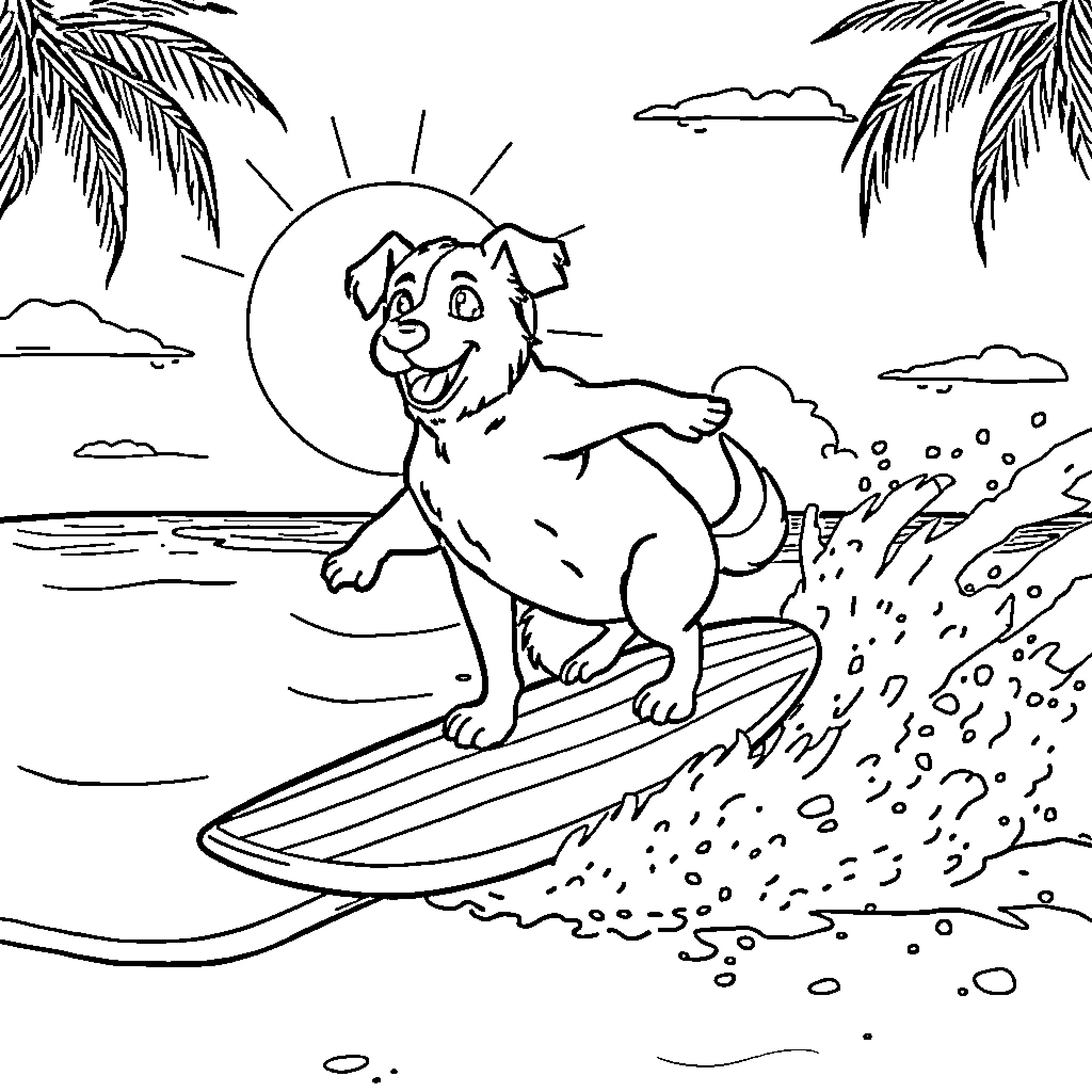 Dog surfing in the tropical ocean Coloring Page (free black-and-white line drawing printable PDF for all, from beginners to advanced learners, including children, teens, adults, and seniors)