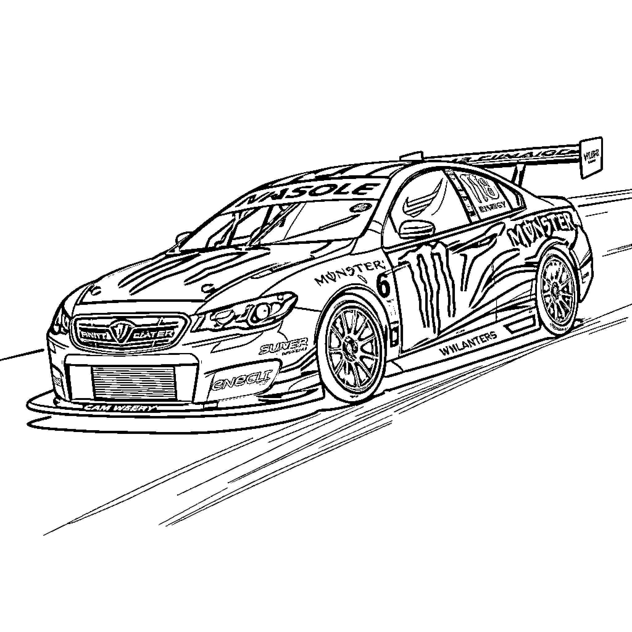 Supercar racing on the track Coloring Page (free black-and-white line drawing printable PDF for all, from beginners to advanced learners, including children, teens, adults, and seniors)