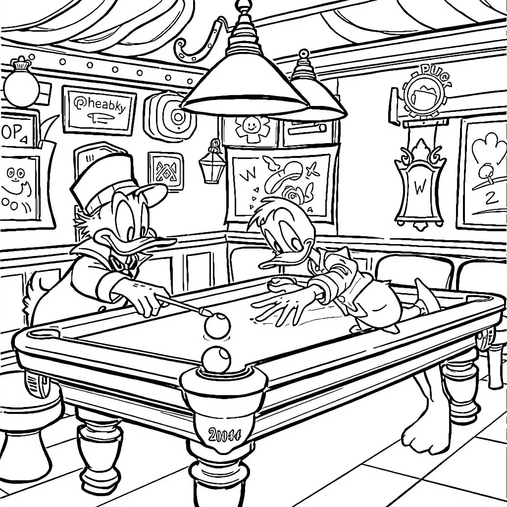 Scrooge McDuck playing pool with Huey, Dewey, and Louie Coloring Page (free black-and-white line drawing printable PDF for all, from beginners to advanced learners, including children, teens, adults, and seniors)