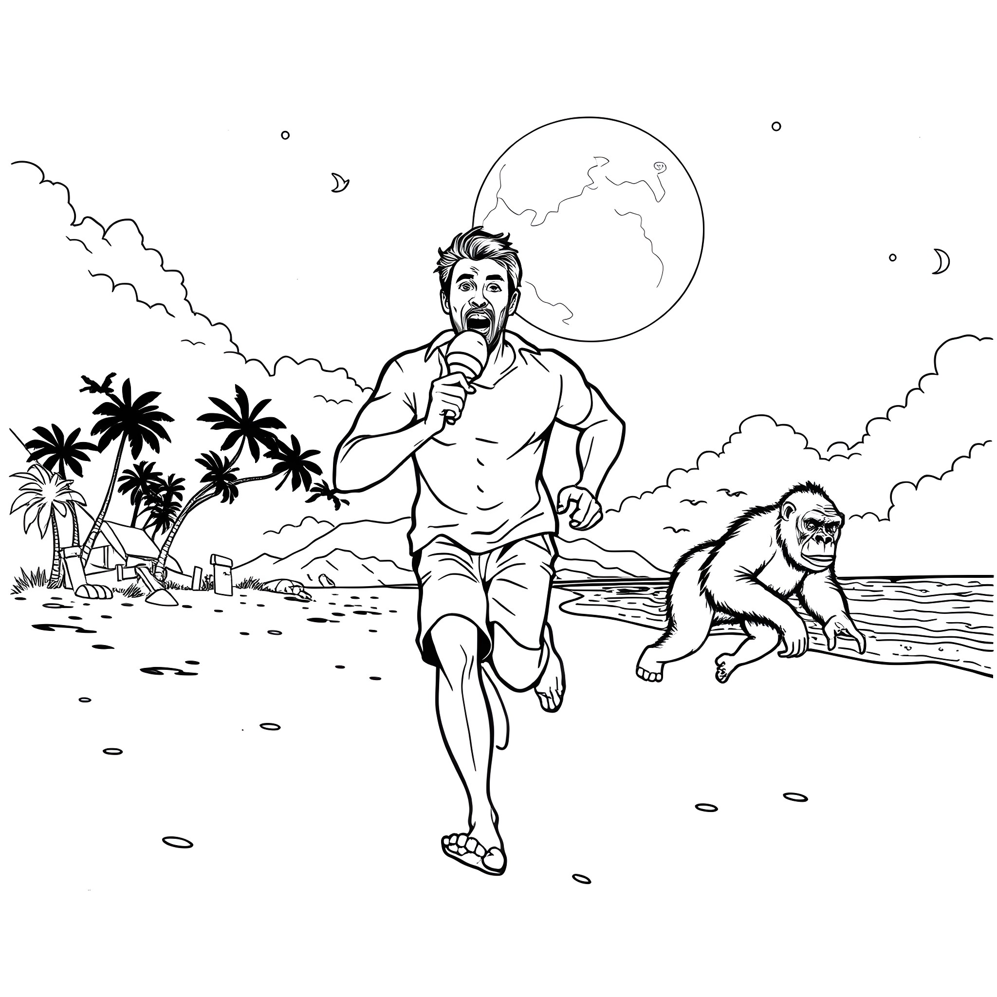 Man running on beach under moonlight Coloring Page (free black-and-white line drawing printable PDF for all, from beginners to advanced learners, including children, teens, adults, and seniors)