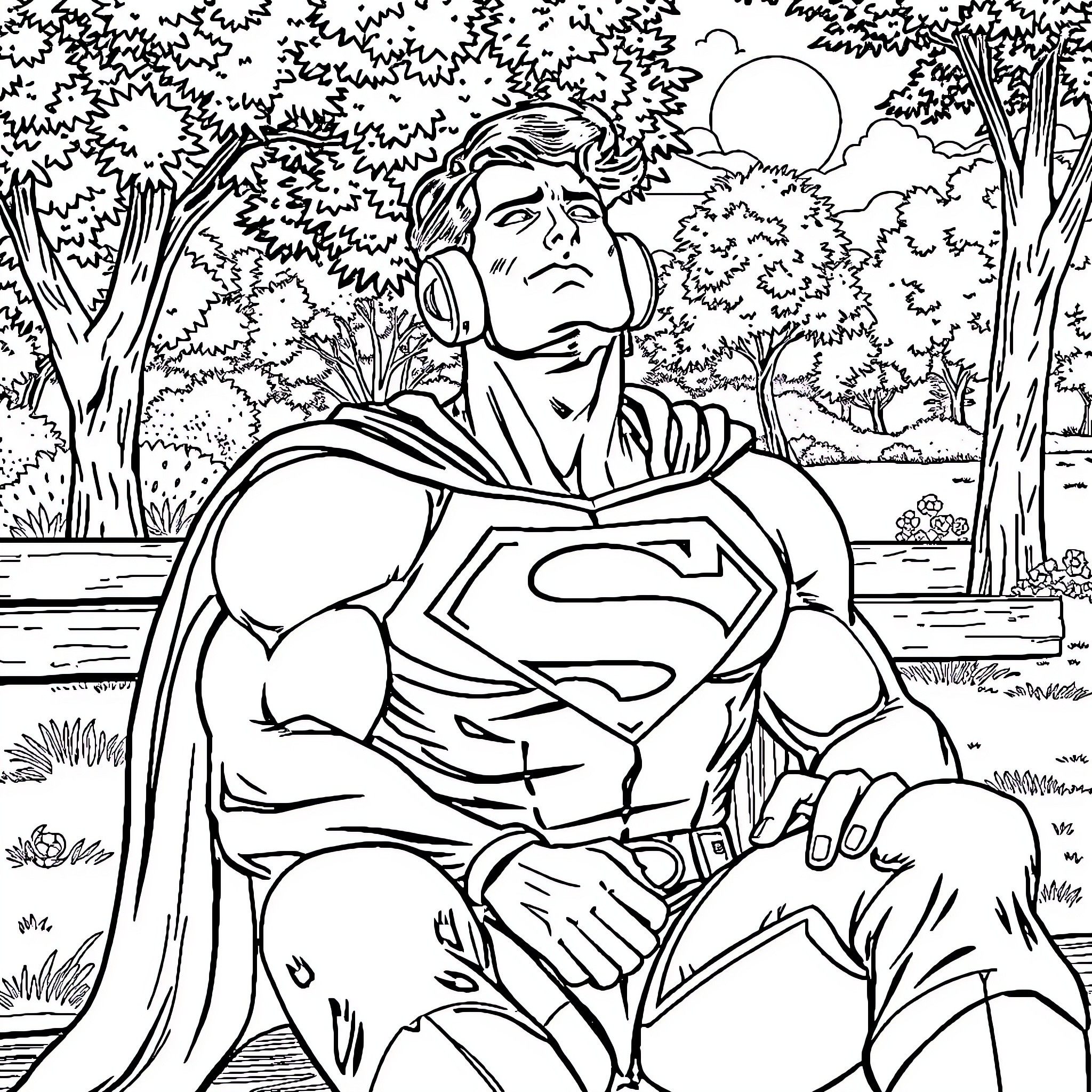 Superman resting in the tranquil forest Coloring Page (free black-and-white line drawing printable PDF for all, from beginners to advanced learners, including children, teens, adults, and seniors)