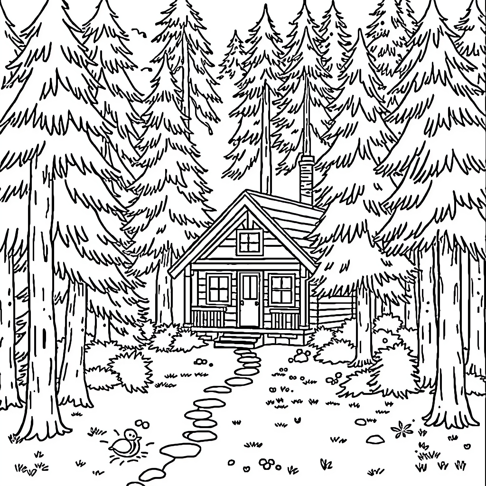 Cabin in the Snowy Forest Coloring Page (free black-and-white line drawing printable PDF for all, from beginners to advanced learners, including children, teens, adults, and seniors)