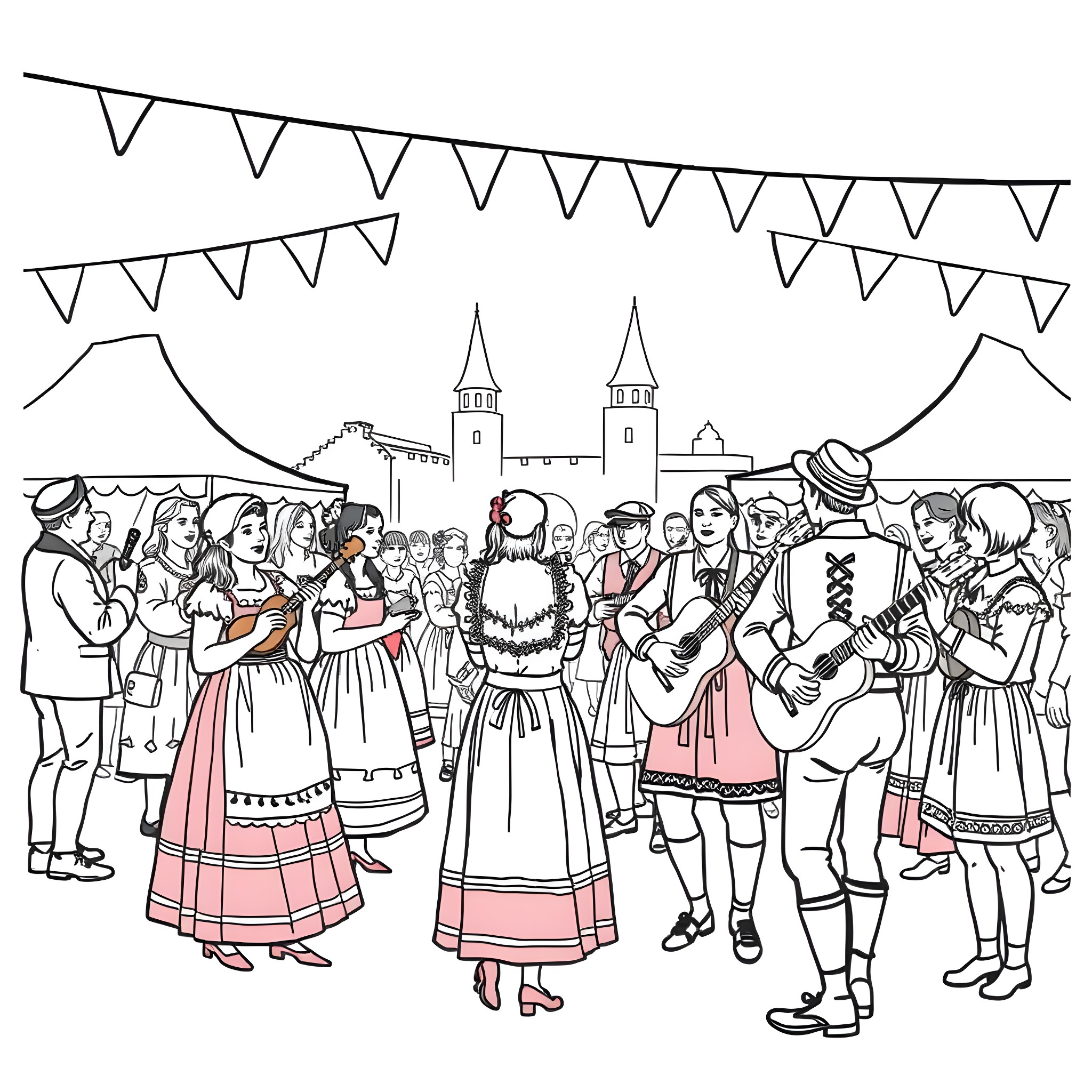 Czech Festival with Festive Costumes and Celebrations Coloring Page (free black-and-white line drawing printable PDF for all, from beginners to advanced learners, including children, teens, adults, and seniors)