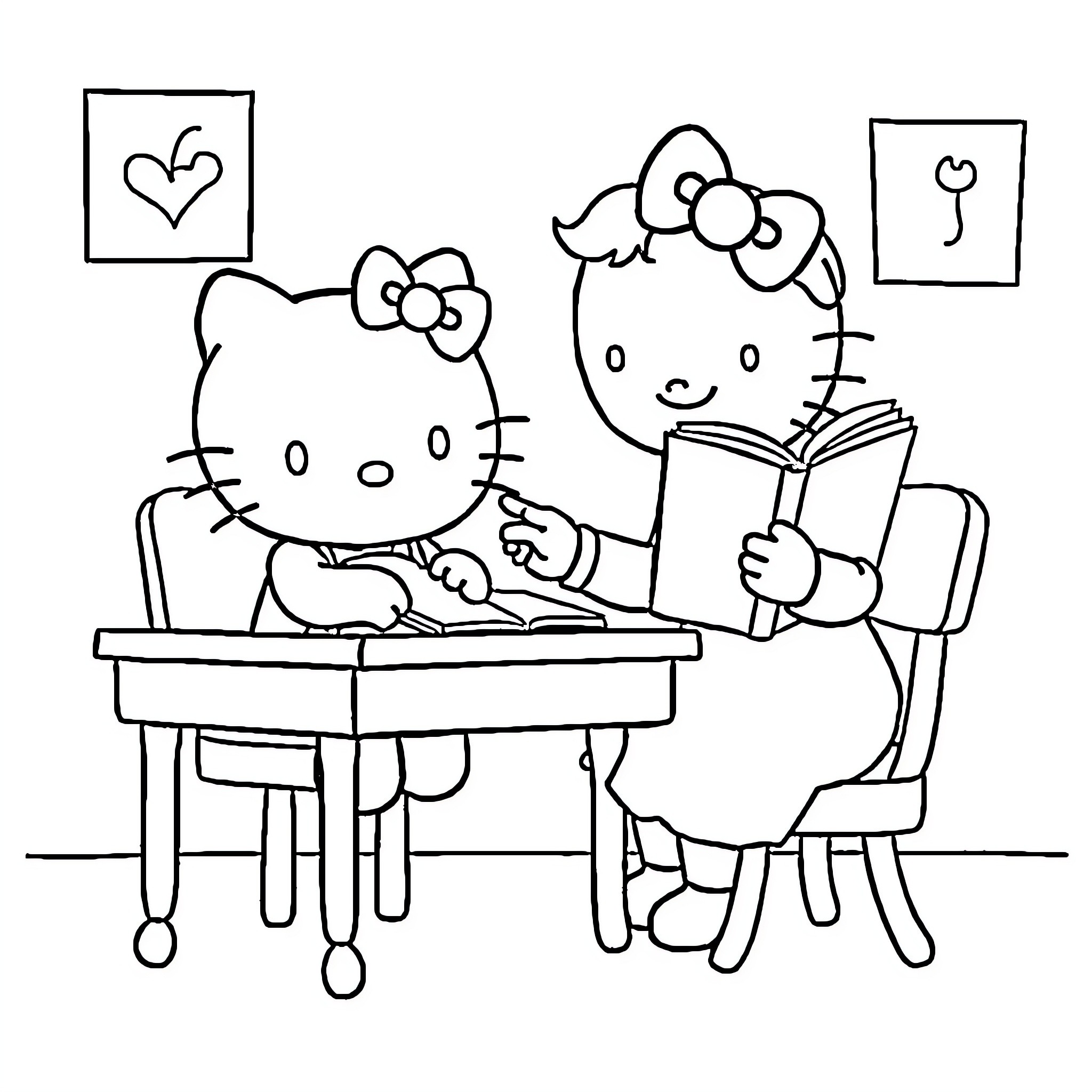 Hello Kitty Studying with Friend Coloring Page (free black-and-white line drawing printable PDF for all, from beginners to advanced learners, including children, teens, adults, and seniors)