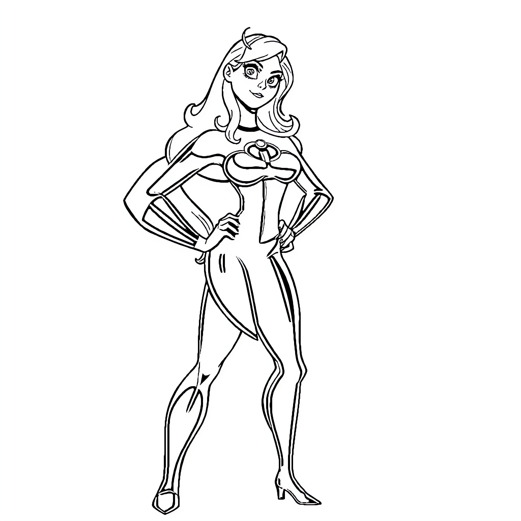 Elastigirl in heroic pose Coloring Page (free black-and-white line drawing printable PDF for all, from beginners to advanced learners, including children, teens, adults, and seniors)