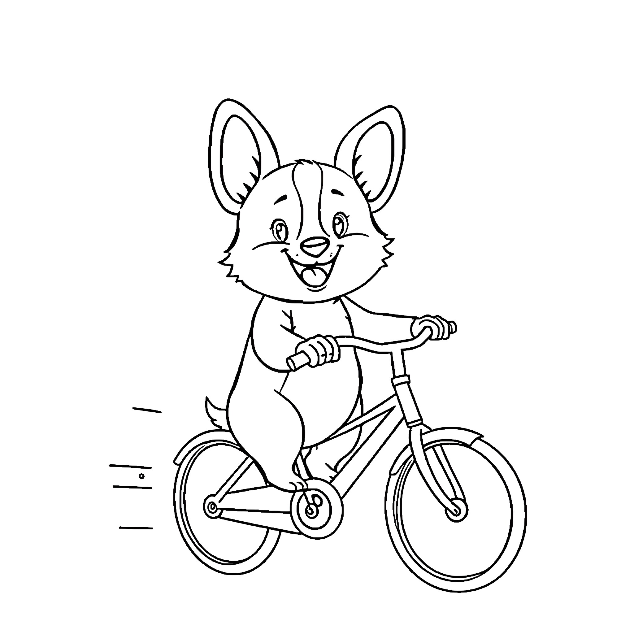 Corgi riding a bicycle happily Coloring Page (free black-and-white line drawing printable PDF for all, from beginners to advanced learners, including children, teens, adults, and seniors)