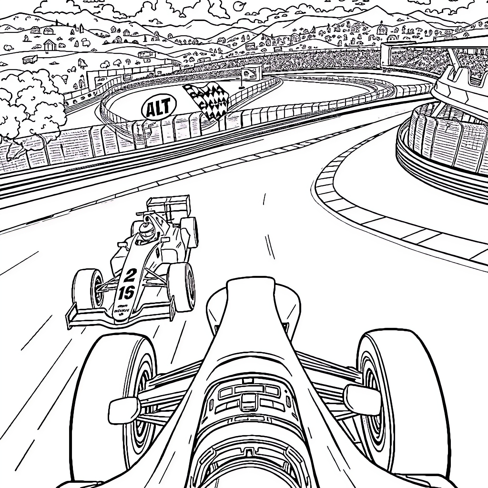 Formula 1 Race Cars Speeding on Track Coloring Page (free black-and-white line drawing printable PDF for all, from beginners to advanced learners, including children, teens, adults, and seniors)
