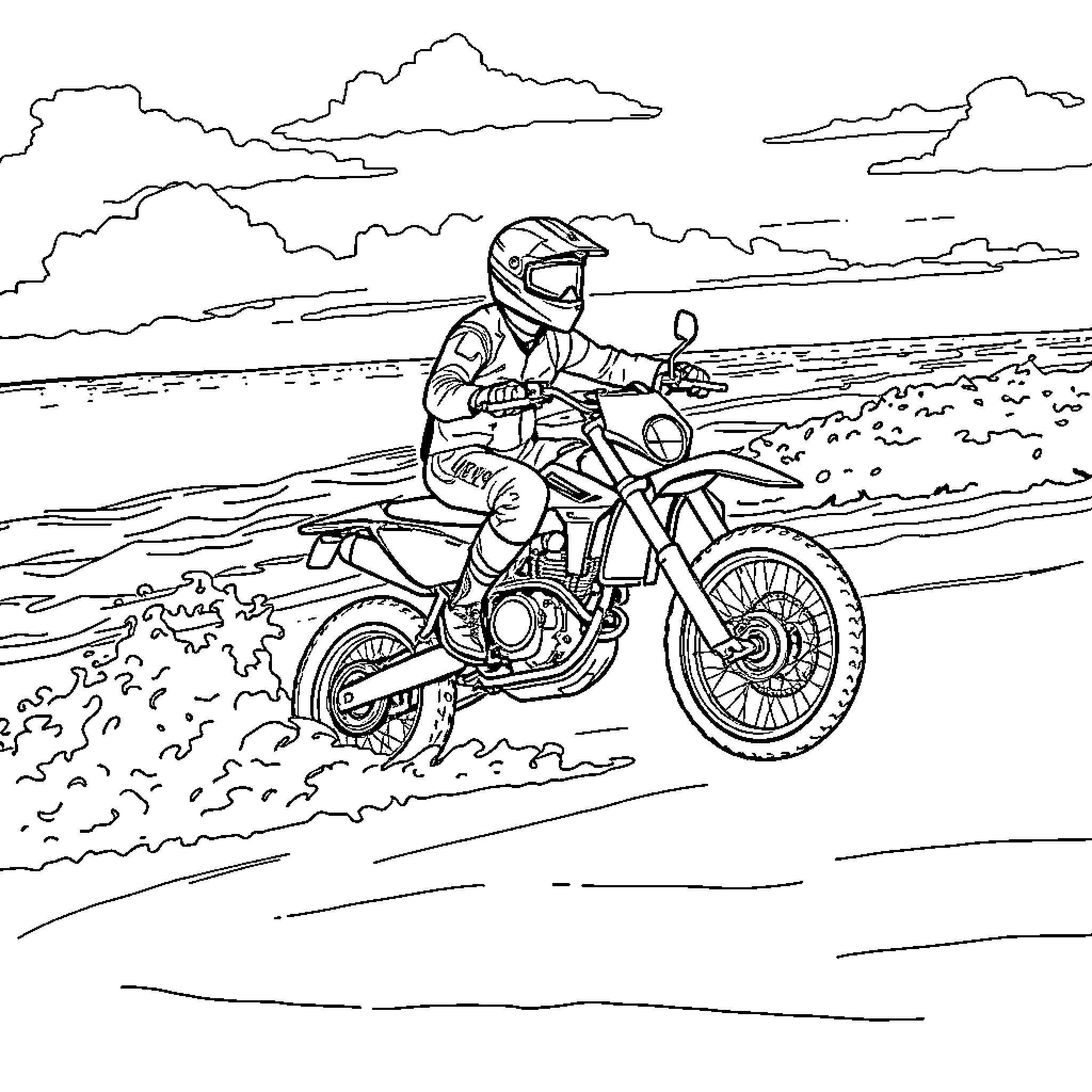 Motorbike rider navigating rugged terrain Coloring Page (free black-and-white line drawing printable PDF for all, from beginners to advanced learners, including children, teens, adults, and seniors)