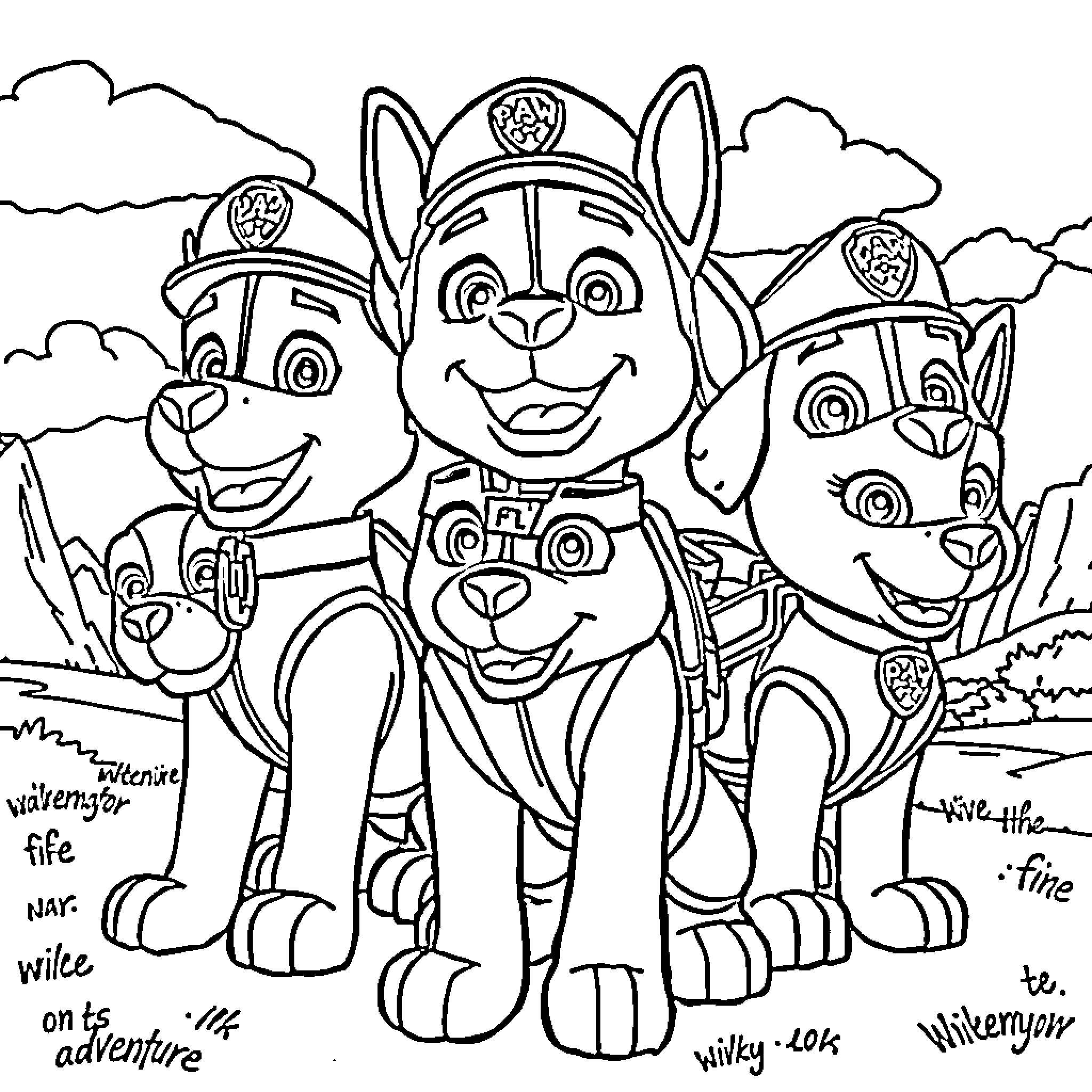Paw Patrol Trio on an Adventure Coloring Page (free black-and-white line drawing printable PDF for all, from beginners to advanced learners, including children, teens, adults, and seniors)