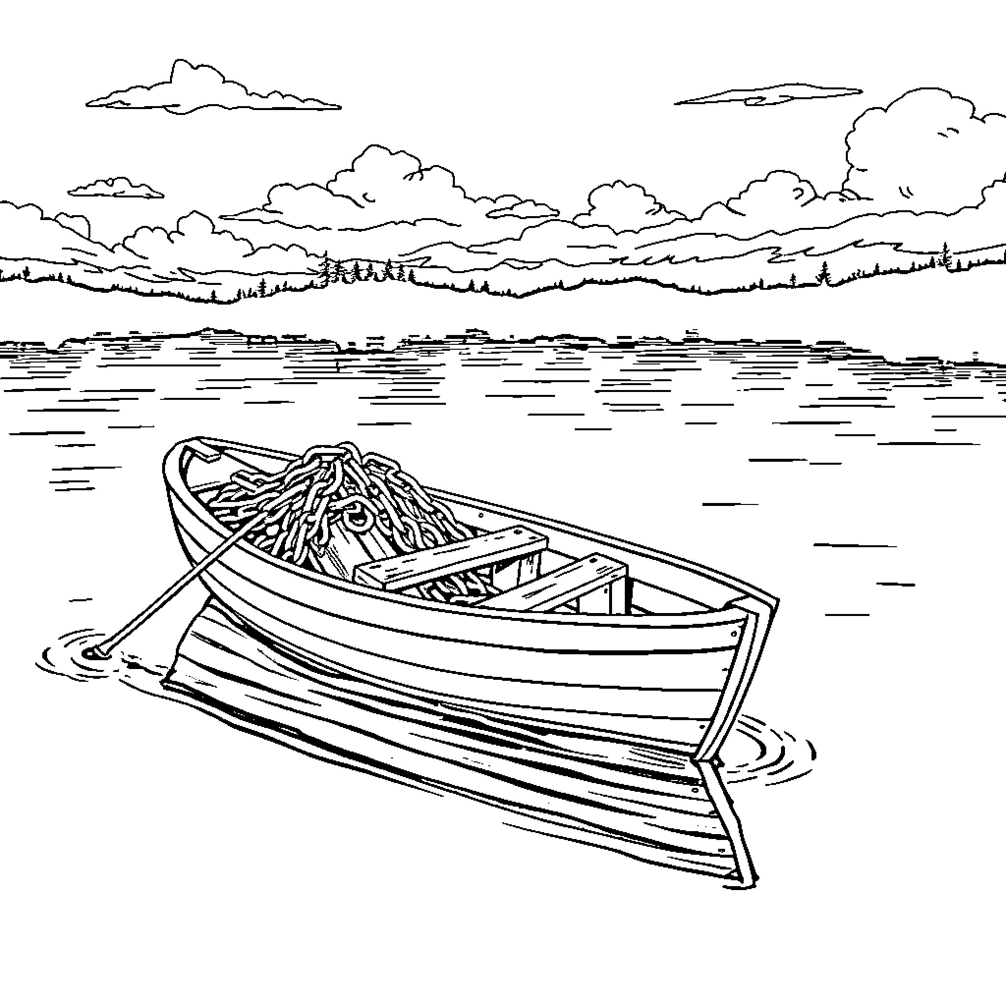Row Boat on Calm Lake with Scenic Landscape Coloring Page (free black-and-white line drawing printable PDF for all, from beginners to advanced learners, including children, teens, adults, and seniors)