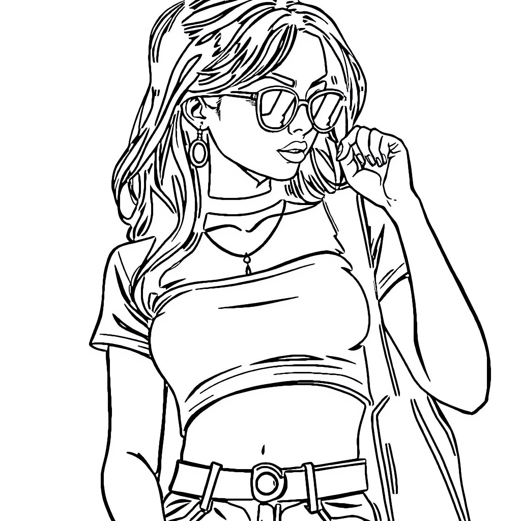 Girl in stylish glasses and outfit Coloring Page (free black-and-white line drawing printable PDF for all, from beginners to advanced learners, including children, teens, adults, and seniors)