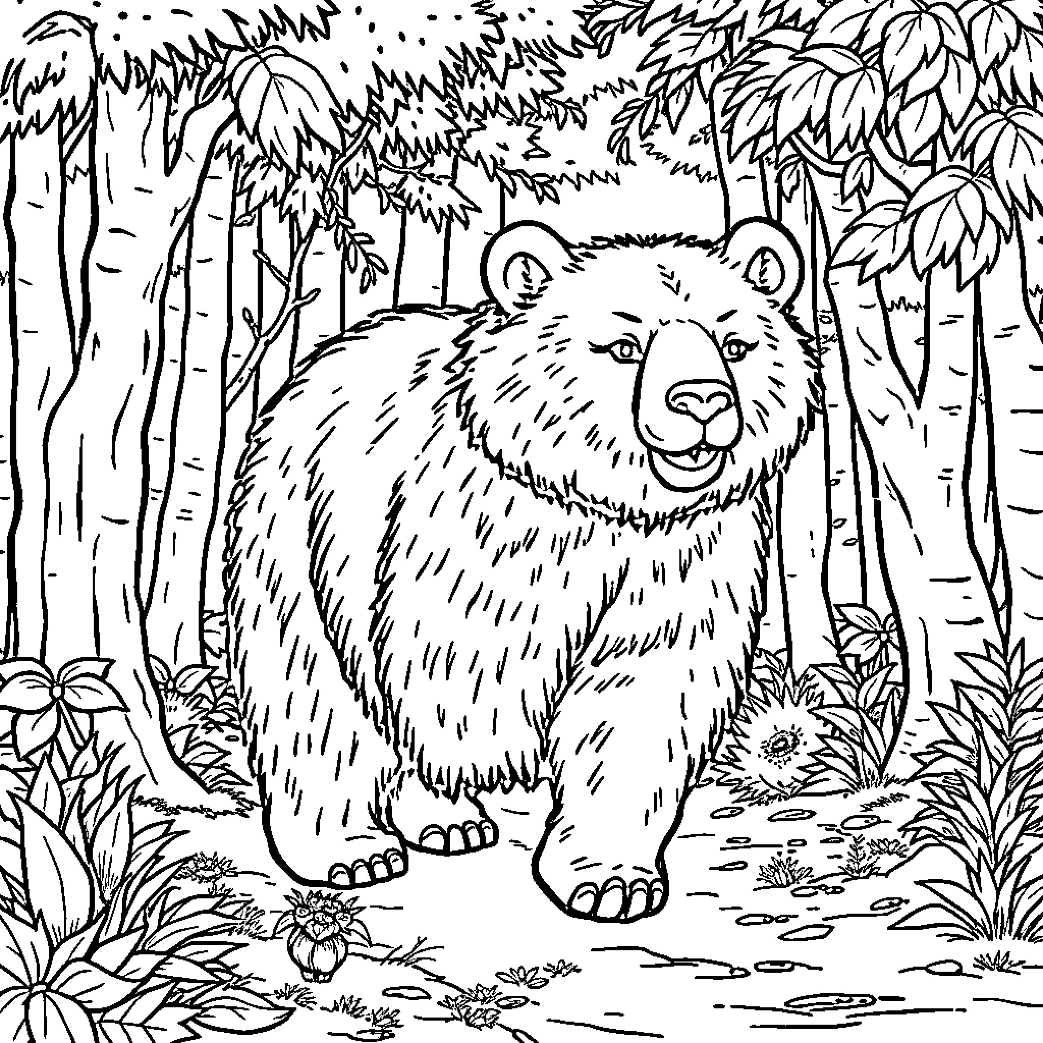 Bear in the Enchanted Forest Coloring Page (free black-and-white line drawing printable PDF for all, from beginners to advanced learners, including children, teens, adults, and seniors)