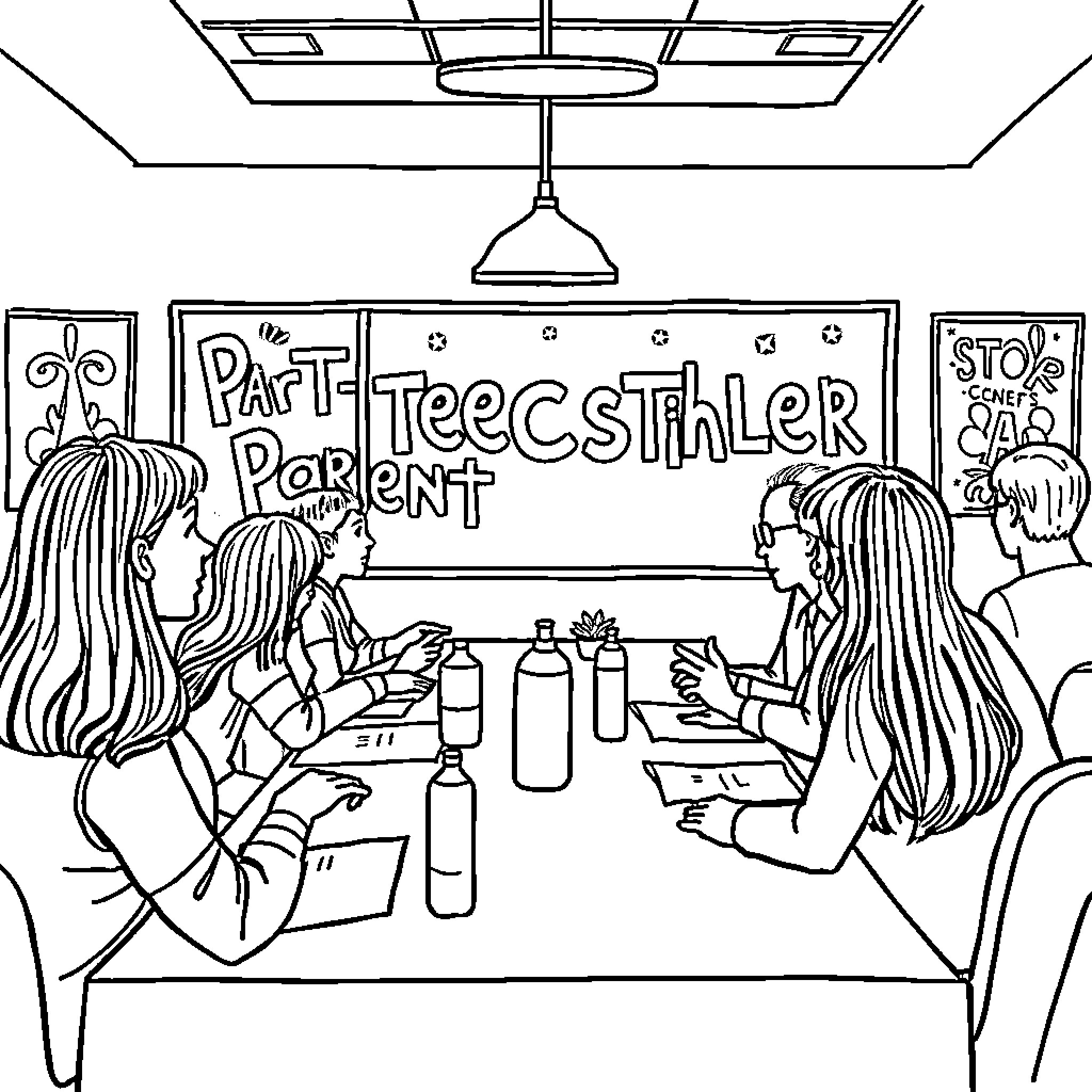 Parent Teacher Conference between adults and students Coloring Page (free black-and-white line drawing printable PDF for all, from beginners to advanced learners, including children, teens, adults, and seniors)