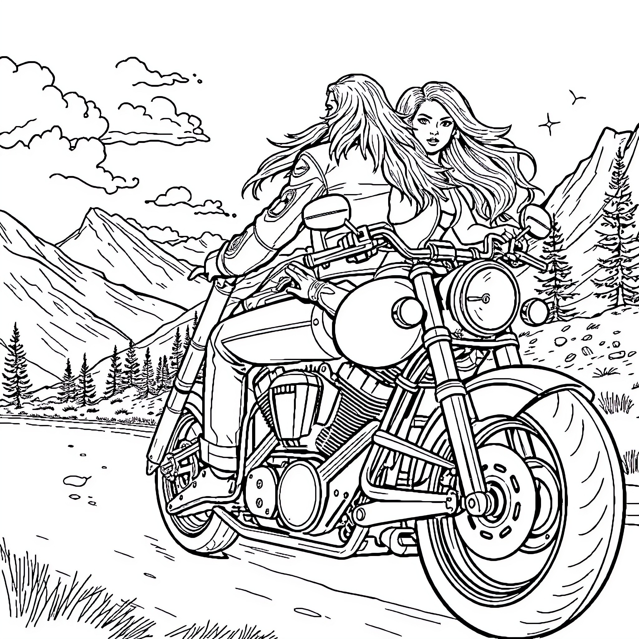 Biker riding motorcycle through scenic mountain landscape Coloring Page (free black-and-white line drawing printable PDF for all, from beginners to advanced learners, including children, teens, adults, and seniors)