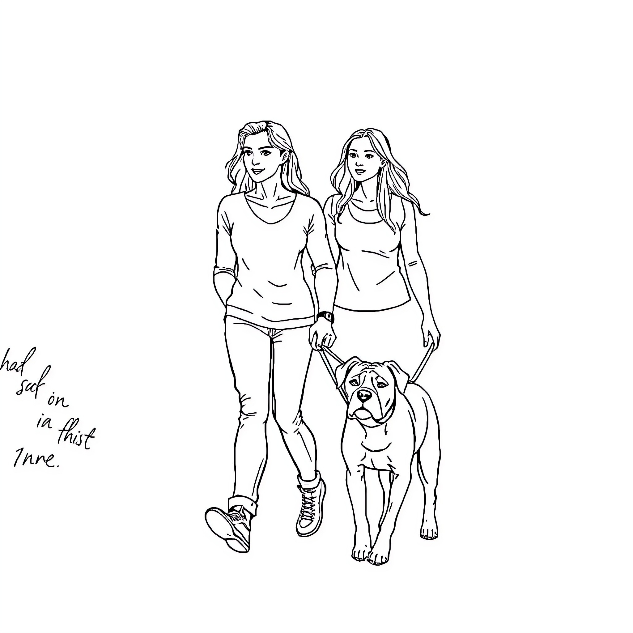 Dog enjoying a walk with two women Coloring Page (free black-and-white line drawing printable PDF for all, from beginners to advanced learners, including children, teens, adults, and seniors)