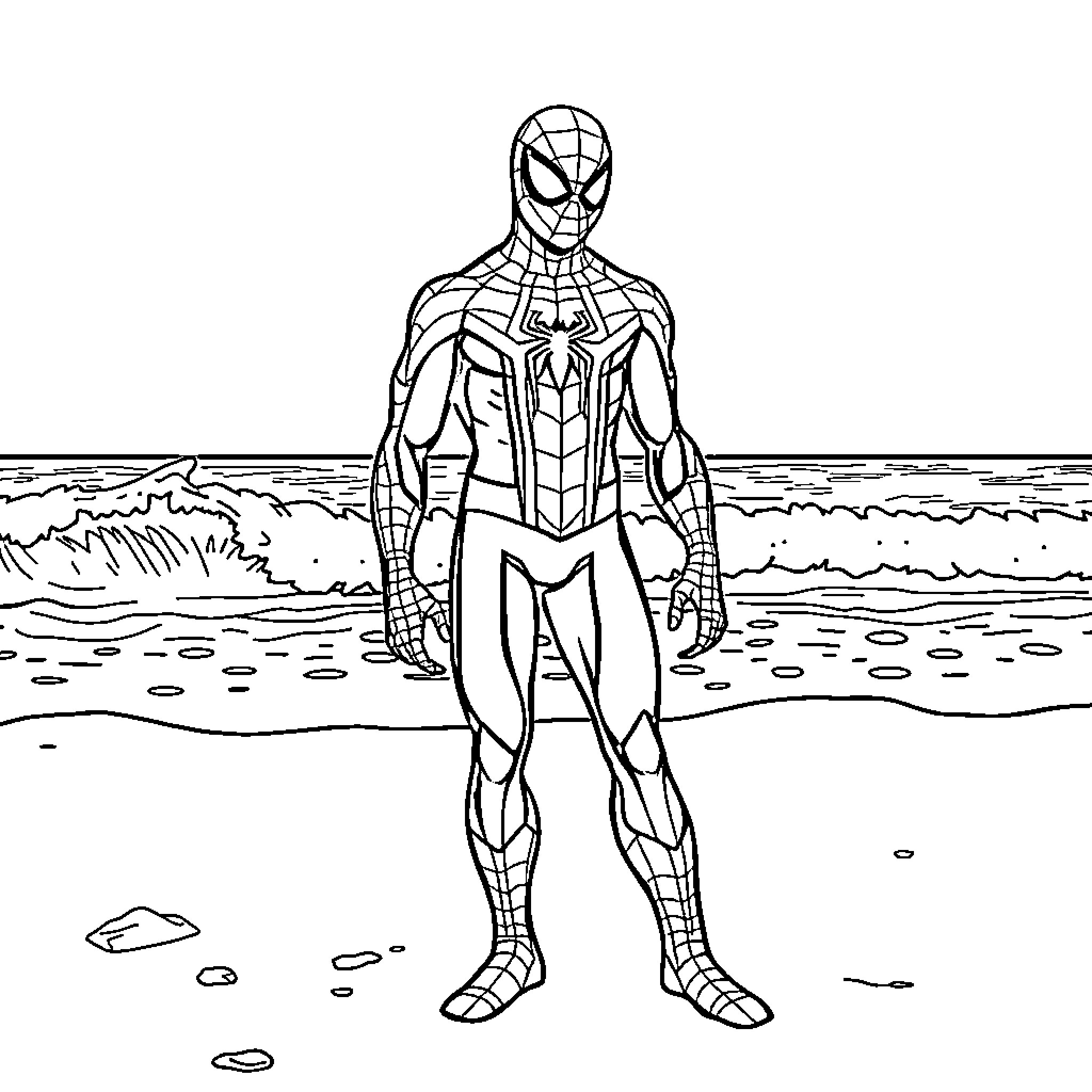 Spiderman standing on the beach Coloring Page (free black-and-white line drawing printable PDF for all, from beginners to advanced learners, including children, teens, adults, and seniors)