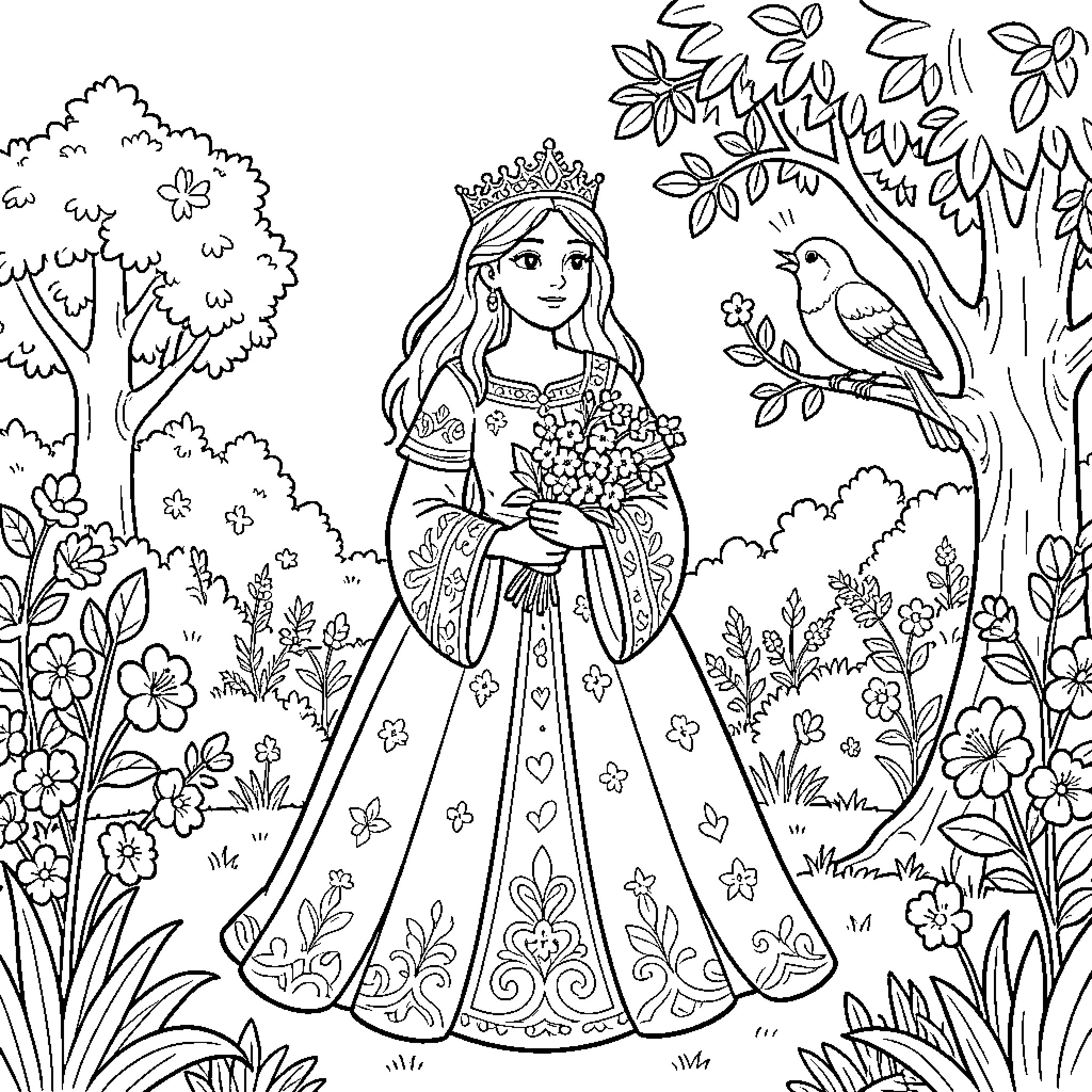 Reine standing in a garden holding a bouquet Coloring Page (free black-and-white line drawing printable PDF for all, from beginners to advanced learners, including children, teens, adults, and seniors)