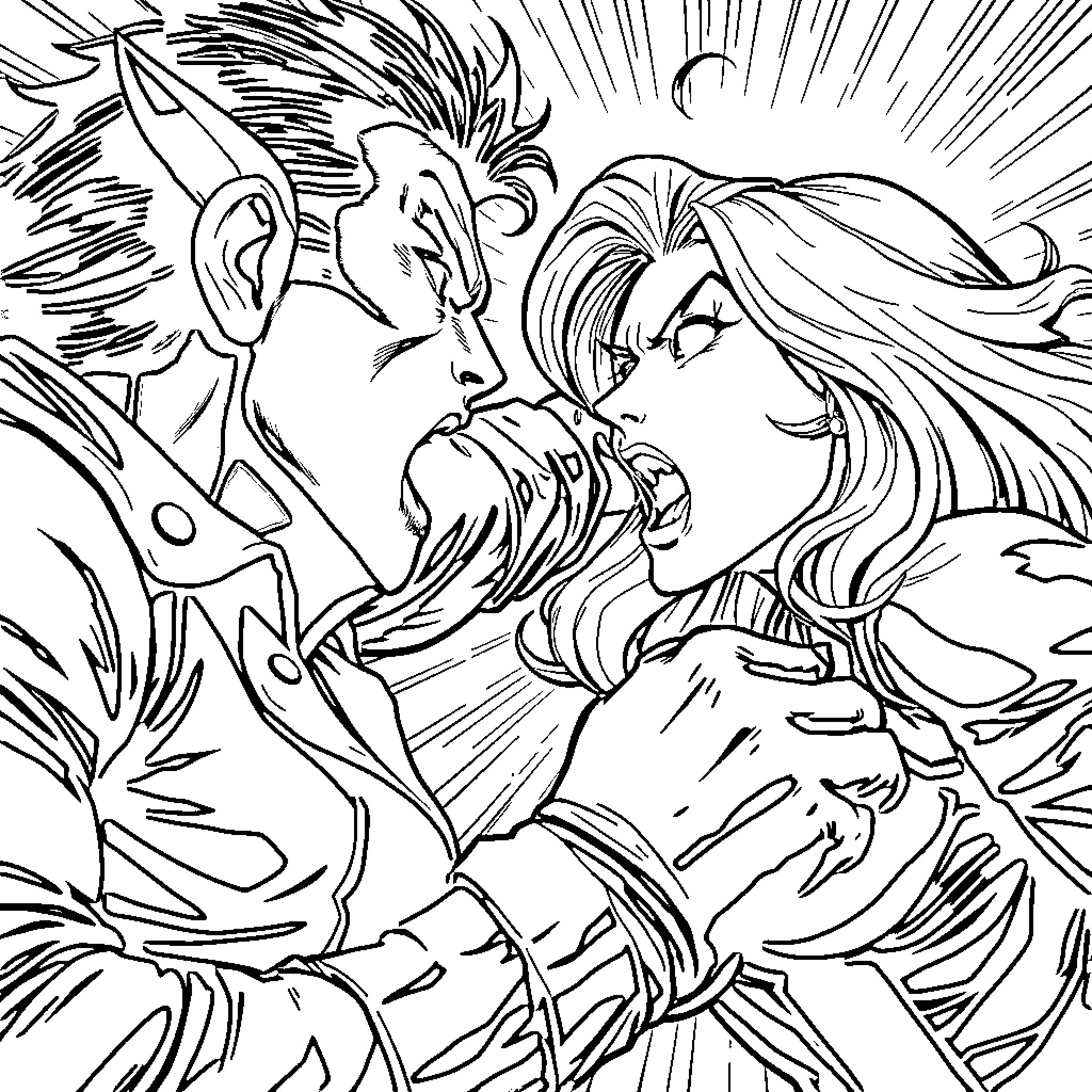 Escaper's Intense Confrontation Coloring Page (free black-and-white line drawing printable PDF for all, from beginners to advanced learners, including children, teens, adults, and seniors)