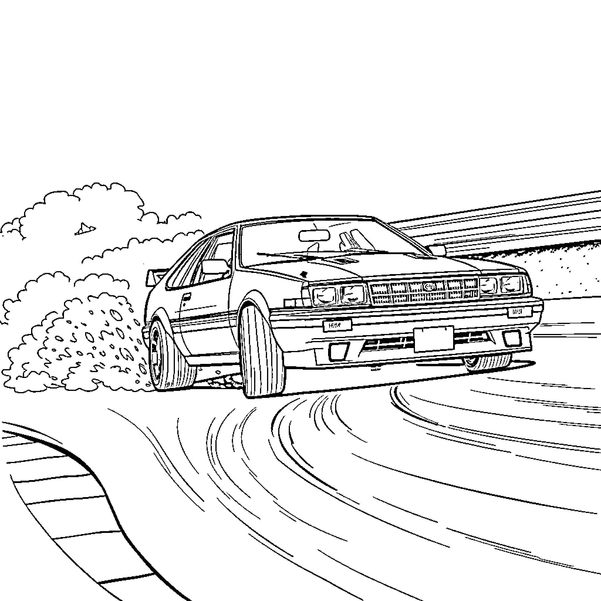 Toyota AE86 racing on winding mountain road Coloring Page (free black-and-white line drawing printable PDF for all, from beginners to advanced learners, including children, teens, adults, and seniors)