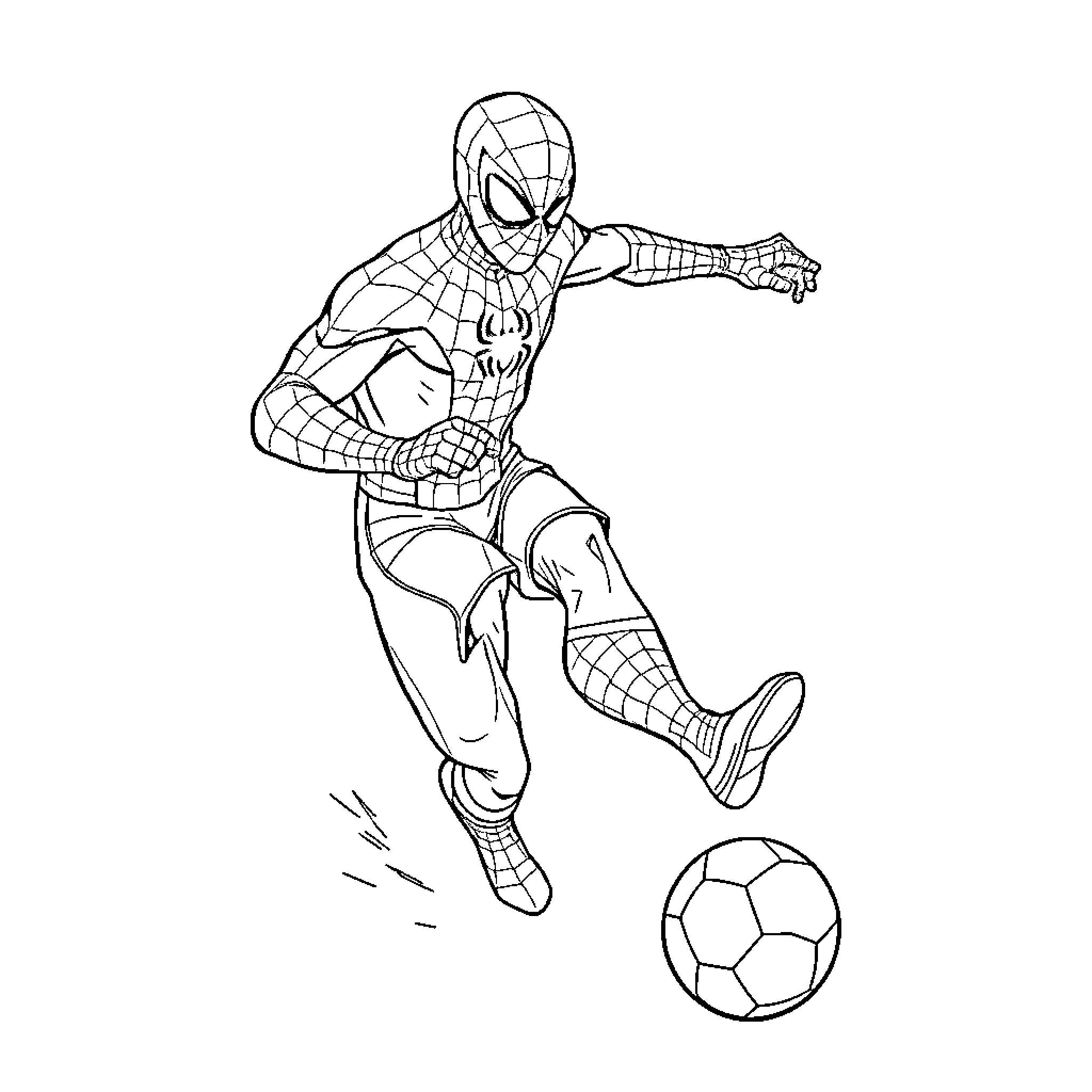 Spiderman playing soccer enthusiastically Coloring Page (free black-and-white line drawing printable PDF for all, from beginners to advanced learners, including children, teens, adults, and seniors)