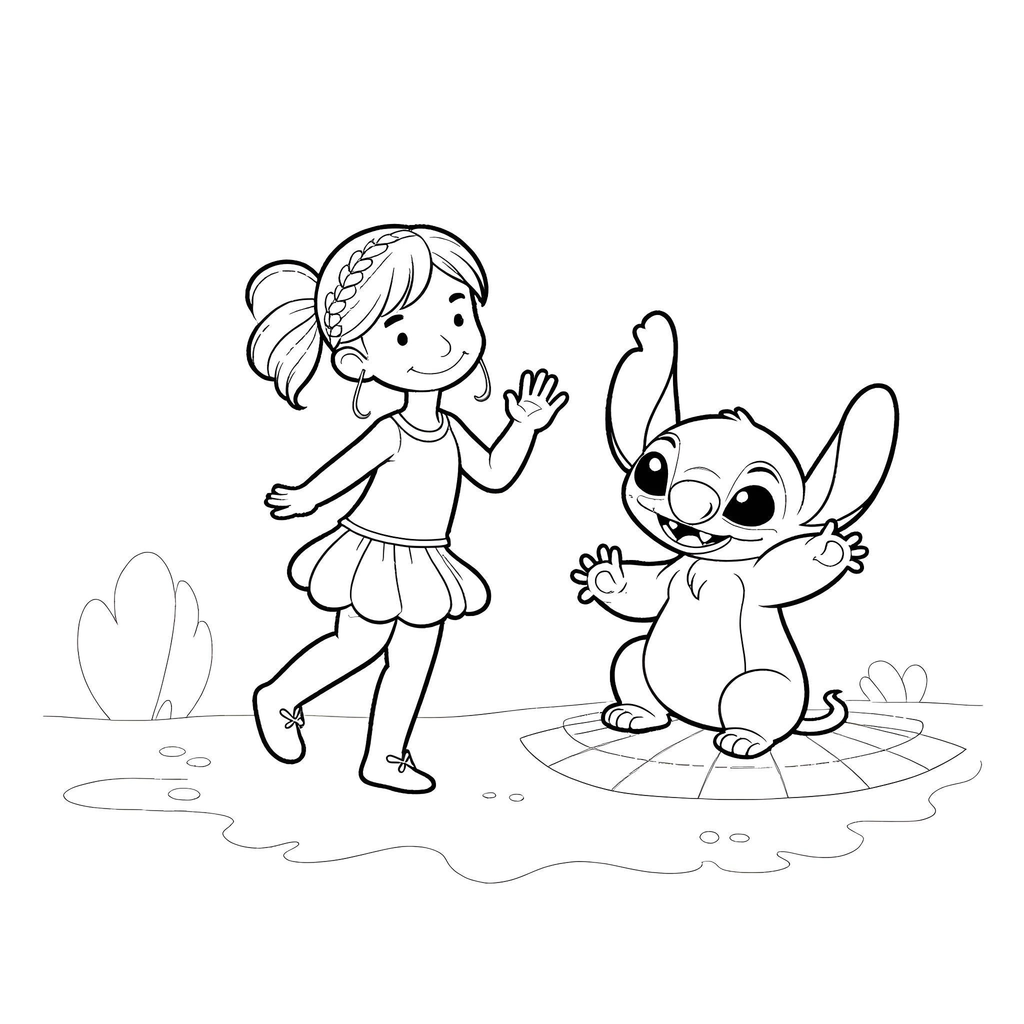 Girl playing with cute cartoon character Coloring Page (free black-and-white line drawing printable PDF for all, from beginners to advanced learners, including children, teens, adults, and seniors)