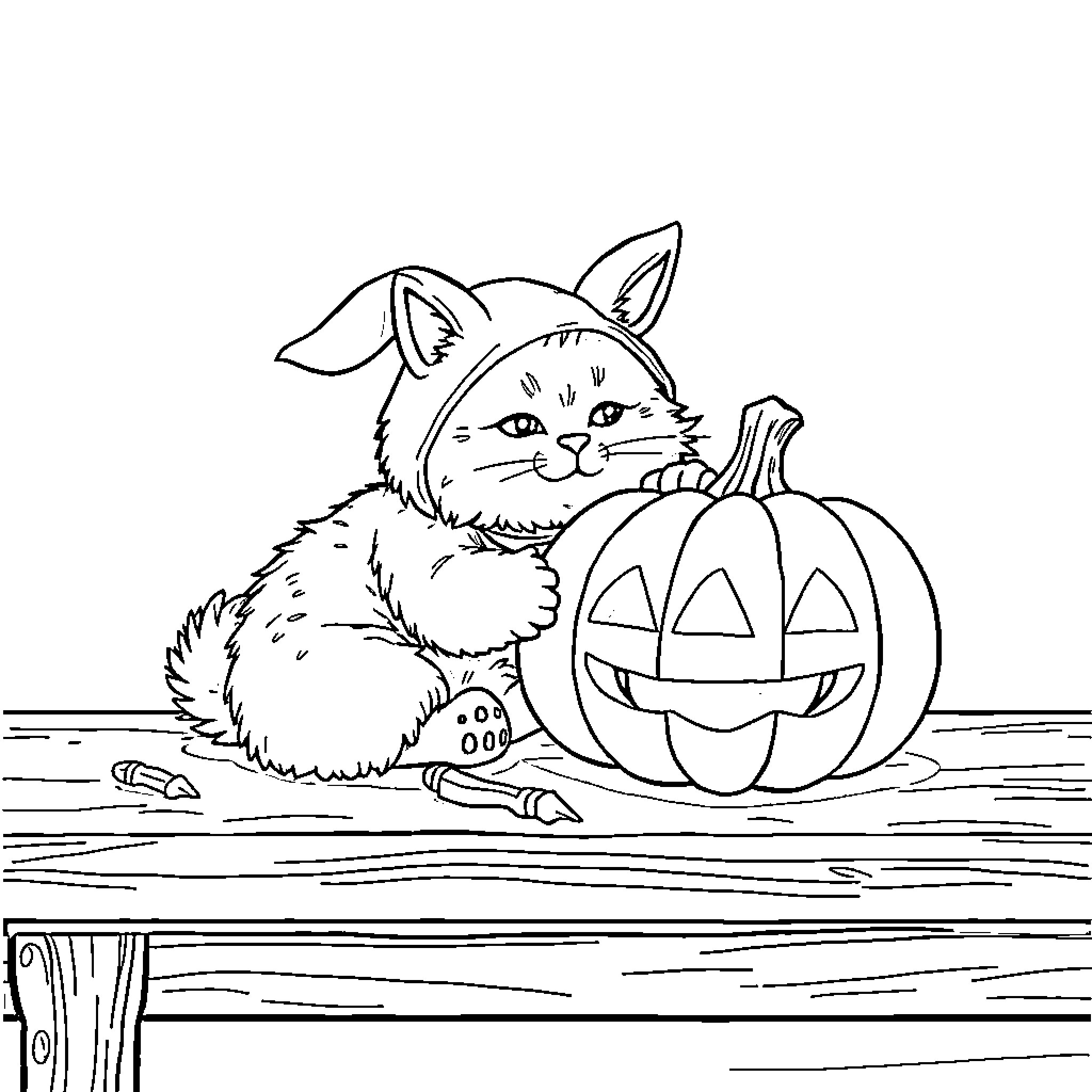 Cat cuddling with Halloween pumpkin Coloring Page (free black-and-white line drawing printable PDF for all, from beginners to advanced learners, including children, teens, adults, and seniors)