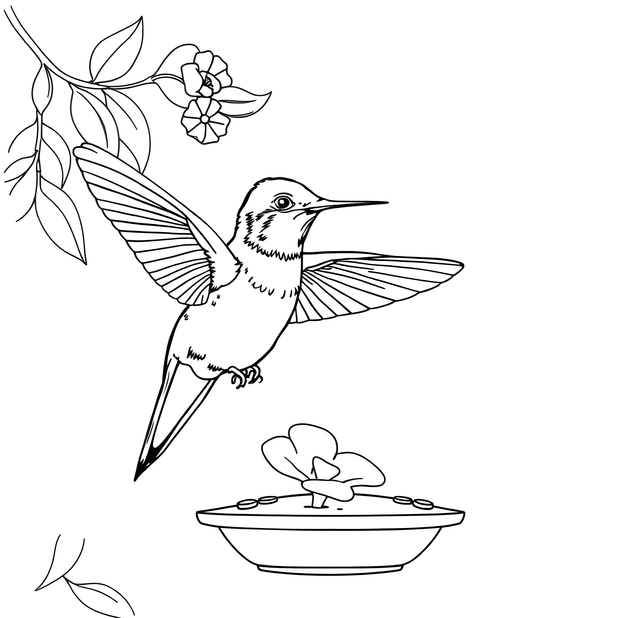Hummingbird drinking nectar from flowers Coloring Page (free black-and-white line drawing printable PDF for all, from beginners to advanced learners, including children, teens, adults, and seniors)