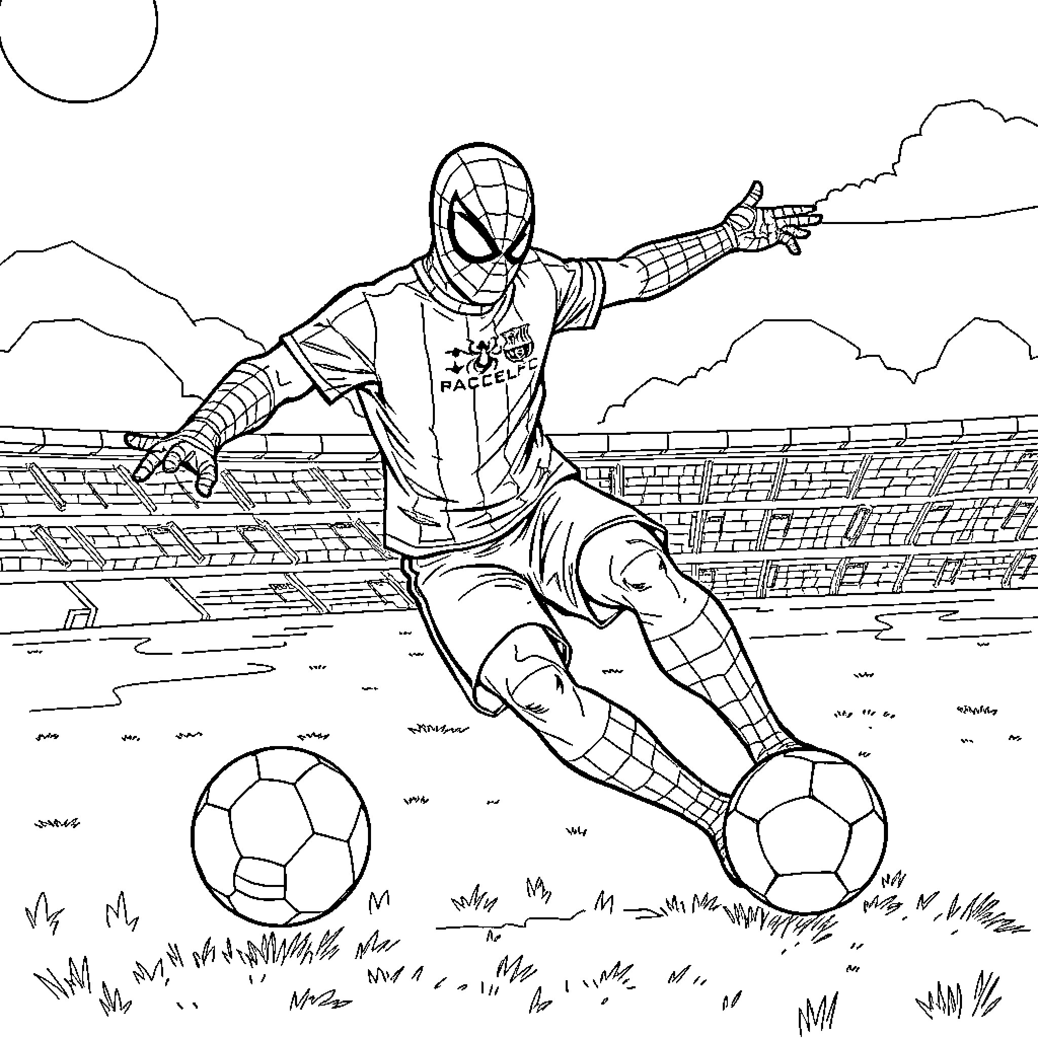 Spiderman playing soccer on the field Coloring Page (free black-and-white line drawing printable PDF for all, from beginners to advanced learners, including children, teens, adults, and seniors)