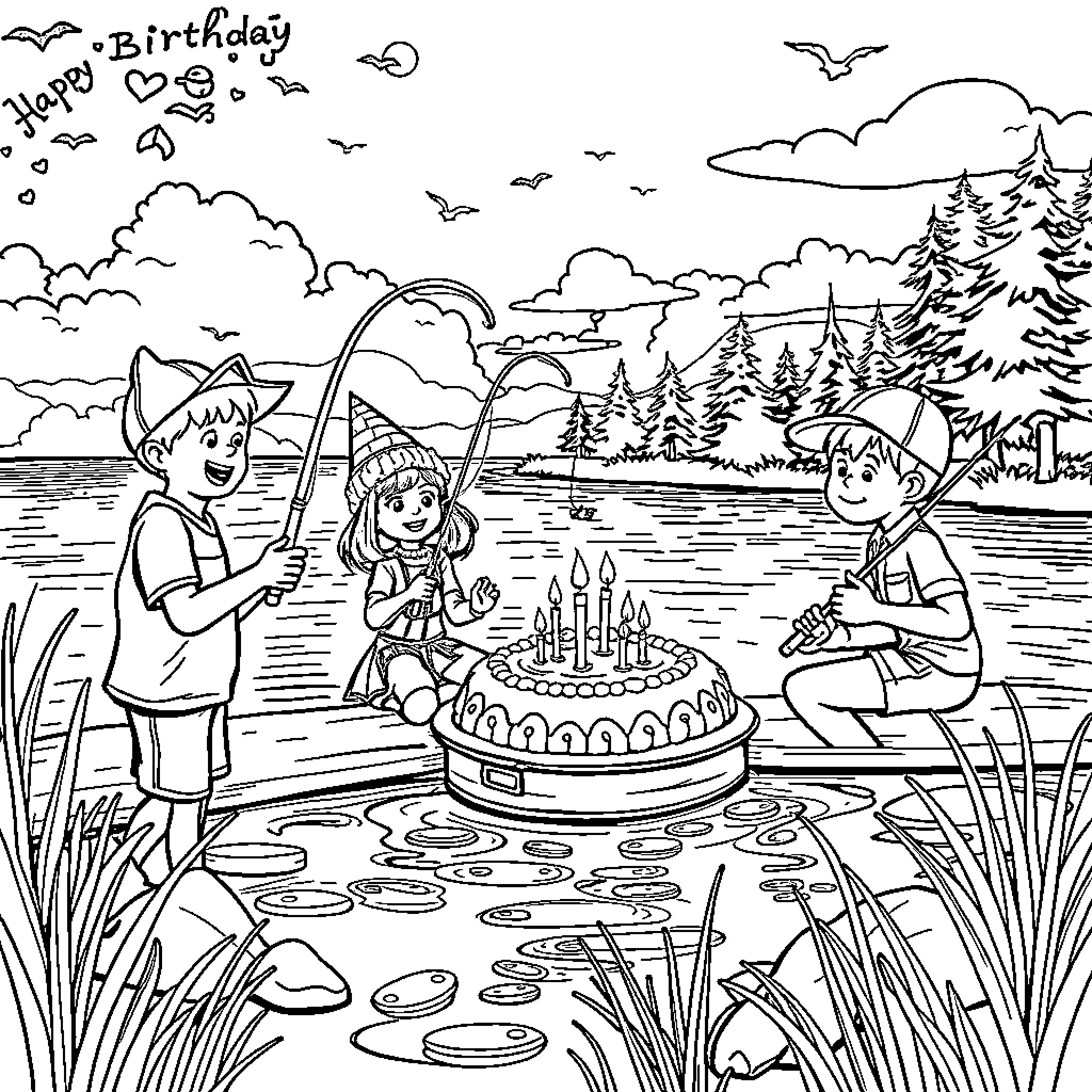 Fishing for a Birthday Celebration by the Lake Coloring Page (free black-and-white line drawing printable PDF for all, from beginners to advanced learners, including children, teens, adults, and seniors)