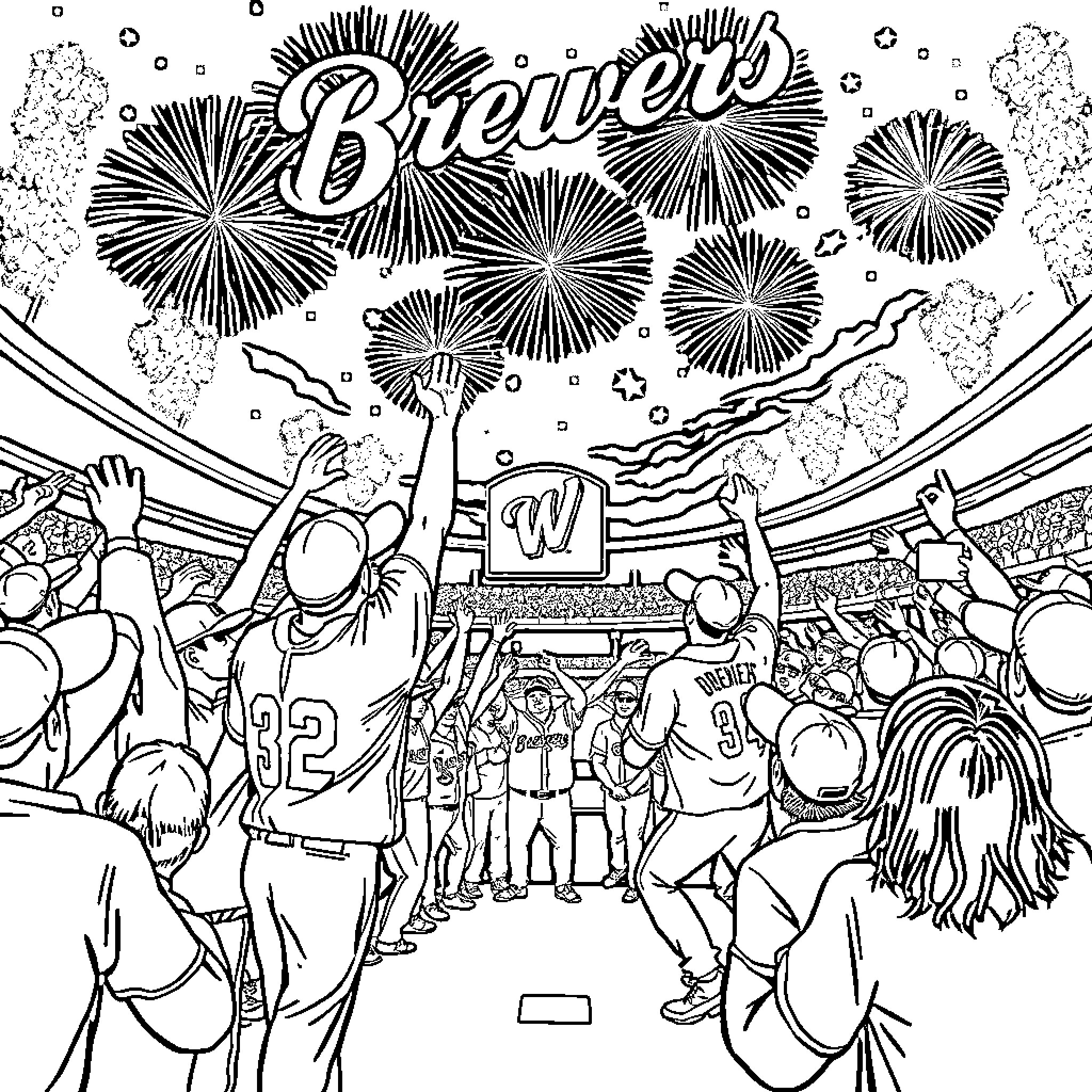 Brewer's Energetic Sports Celebration Coloring Page (free black-and-white line drawing printable PDF for all, from beginners to advanced learners, including children, teens, adults, and seniors)