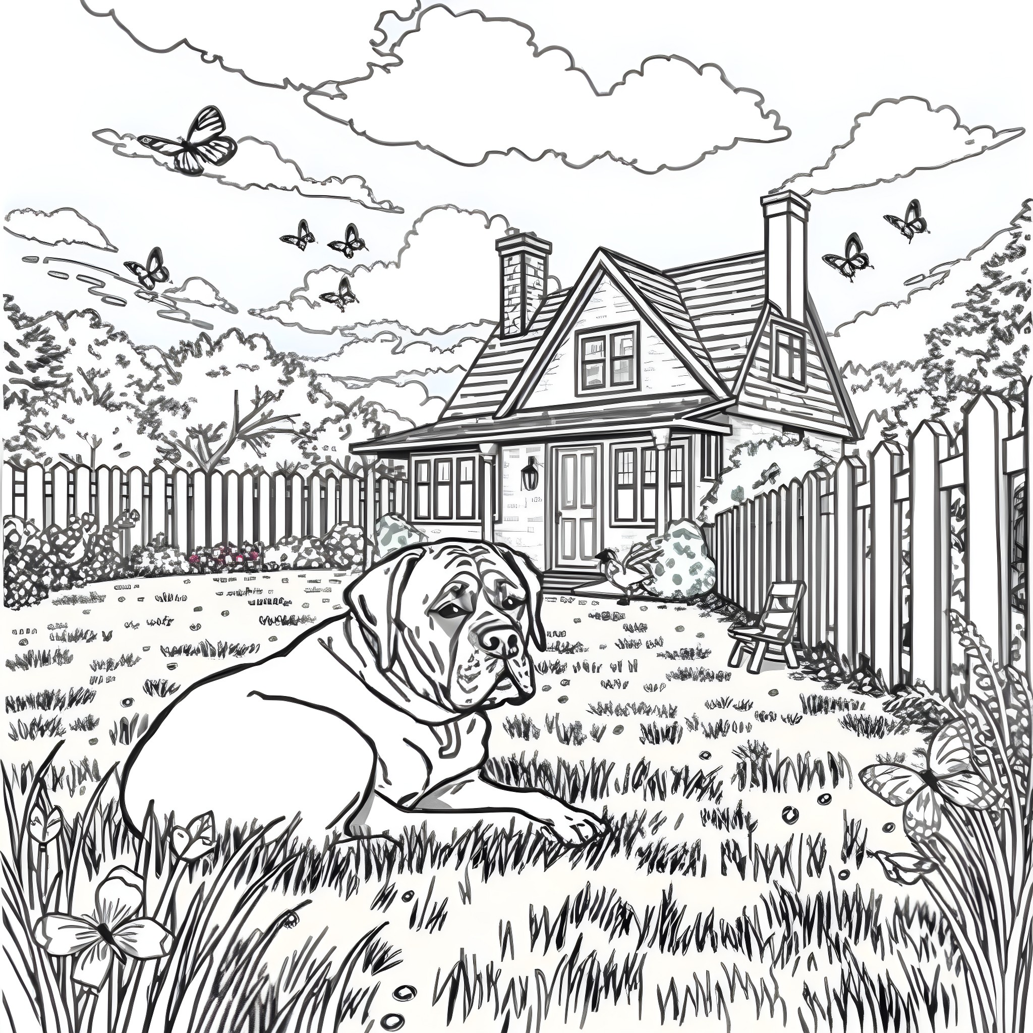 English Mastiff lounging in a peaceful garden Coloring Page (free black-and-white line drawing printable PDF for all, from beginners to advanced learners, including children, teens, adults, and seniors)