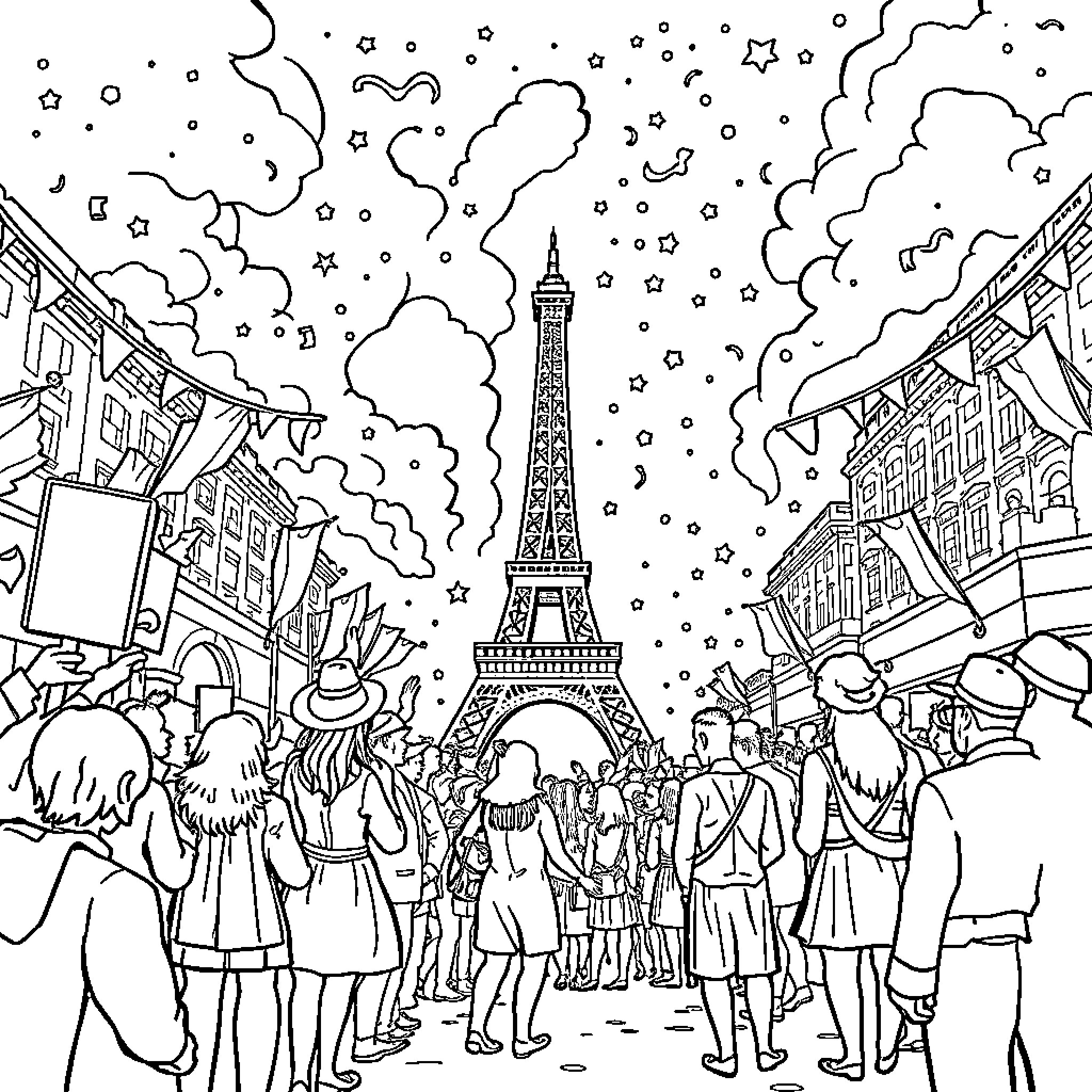 Bastille Day celebration in the streets of Paris Coloring Page (free black-and-white line drawing printable PDF for all, from beginners to advanced learners, including children, teens, adults, and seniors)
