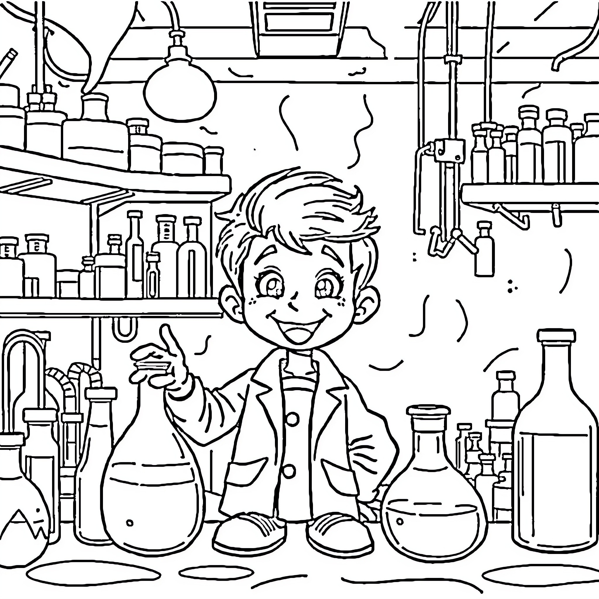 El Chavo del 8 in a Science Lab Coloring Page (free black-and-white line drawing printable PDF for all, from beginners to advanced learners, including children, teens, adults, and seniors)
