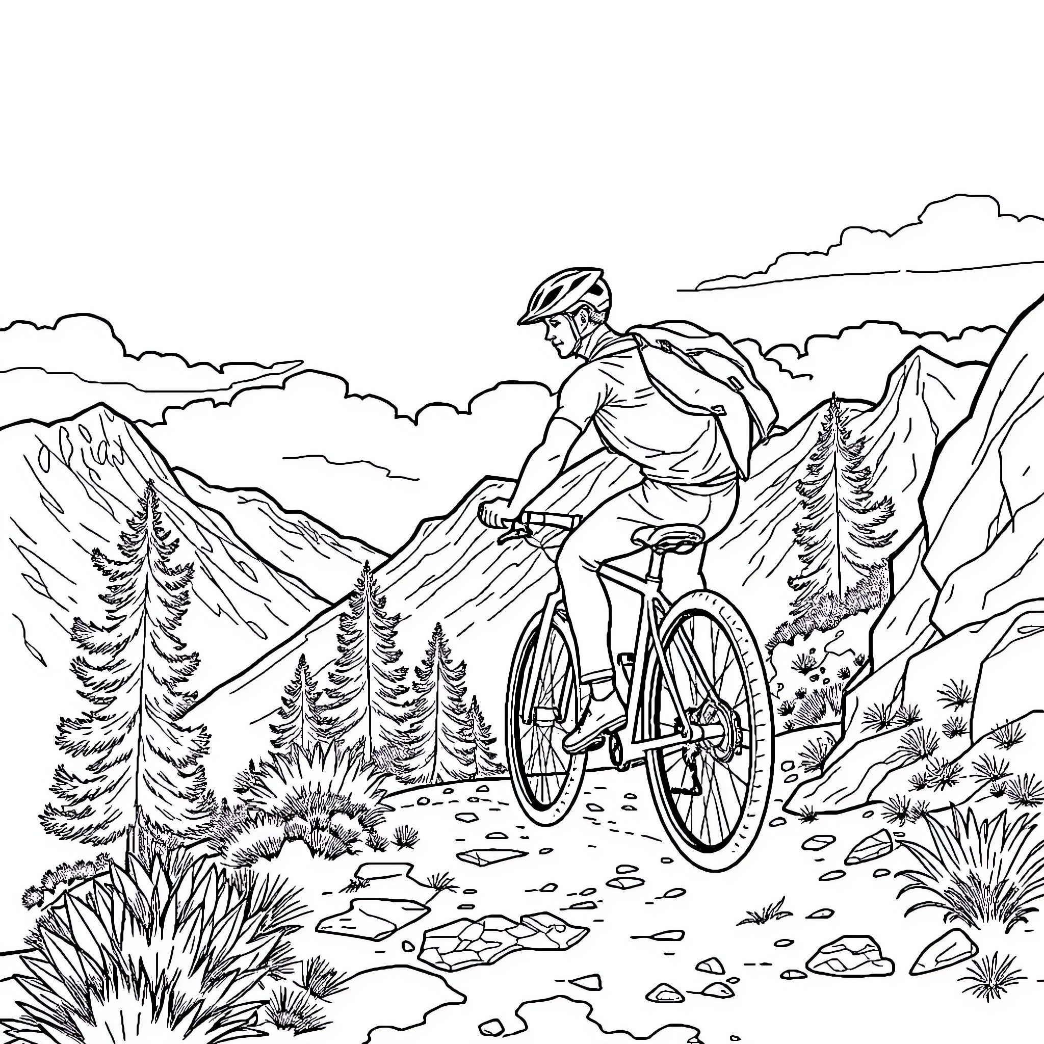Guy biking through scenic mountain landscape Coloring Page (free black-and-white line drawing printable PDF for all, from beginners to advanced learners, including children, teens, adults, and seniors)