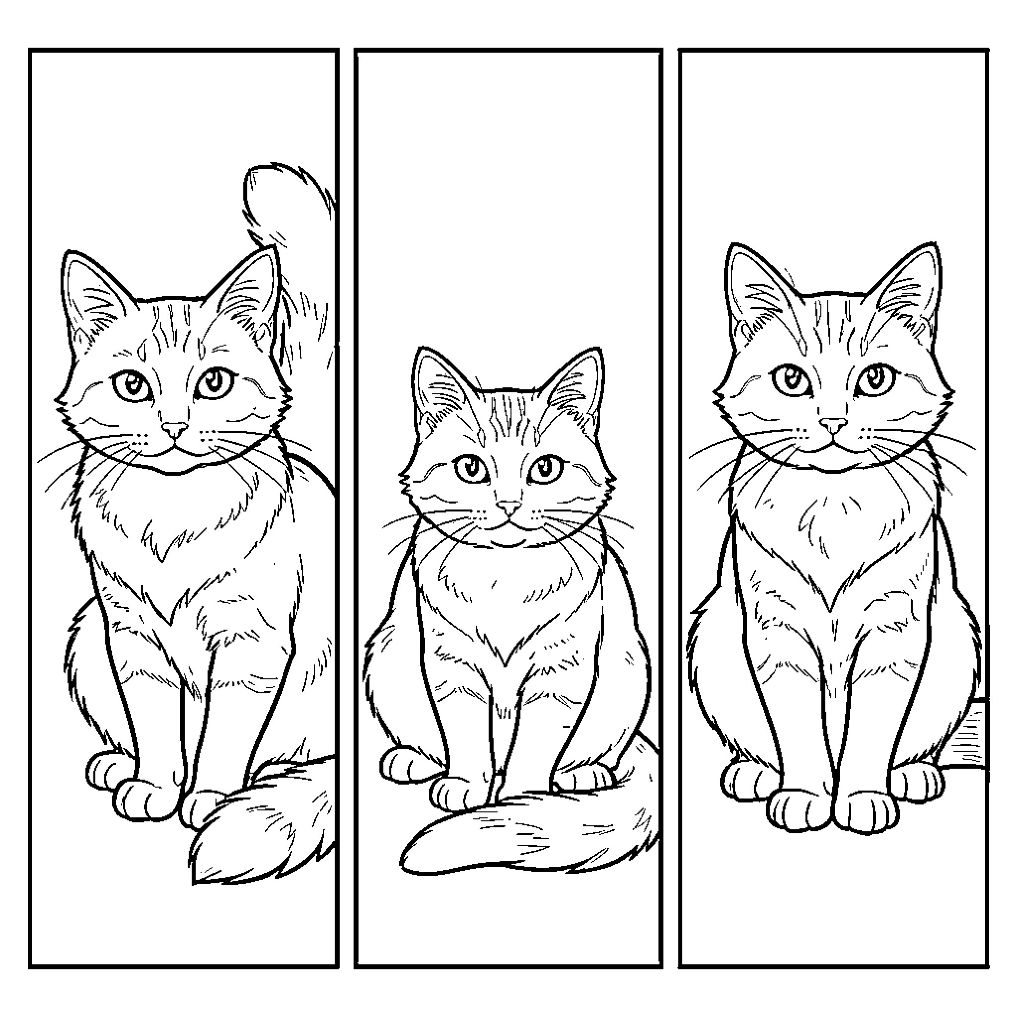 Feline portraits showcasing various seated poses and expressions Coloring Page (free black-and-white line drawing printable PDF for all, from beginners to advanced learners, including children, teens, adults, and seniors)