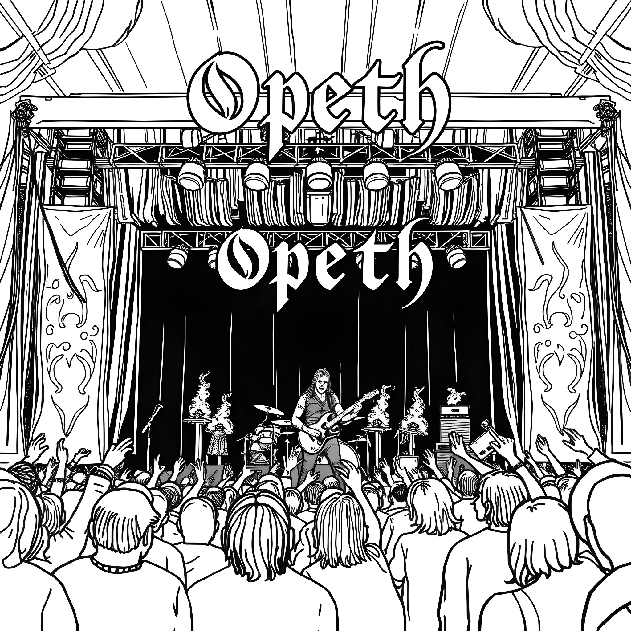 Opeth performing on stage before an audience Coloring Page (free black-and-white line drawing printable PDF for all, from beginners to advanced learners, including children, teens, adults, and seniors)