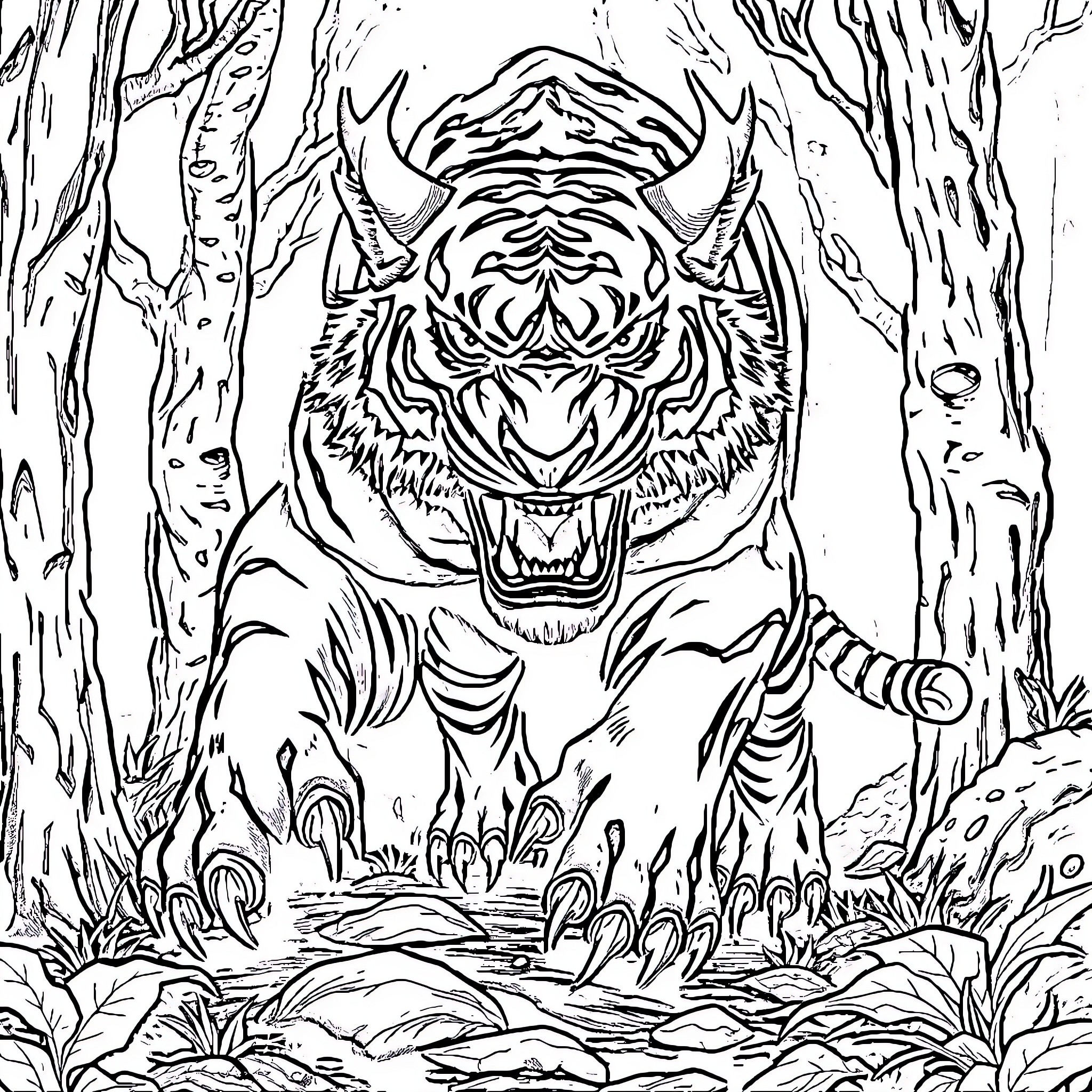 Demon Tiger Unleashed in Eerie Forest Realm Coloring Page (free black-and-white line drawing printable PDF for all, from beginners to advanced learners, including children, teens, adults, and seniors)