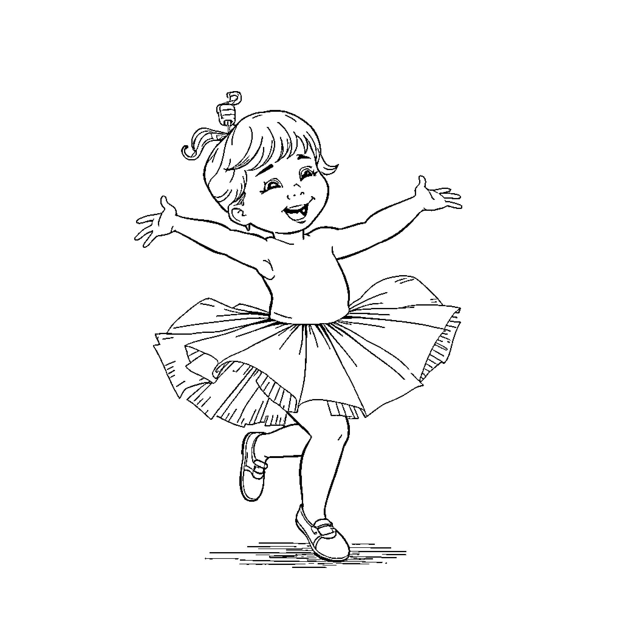 Toddler dancing joyfully in tutu skirt Coloring Page (free black-and-white line drawing printable PDF for all, from beginners to advanced learners, including children, teens, adults, and seniors)