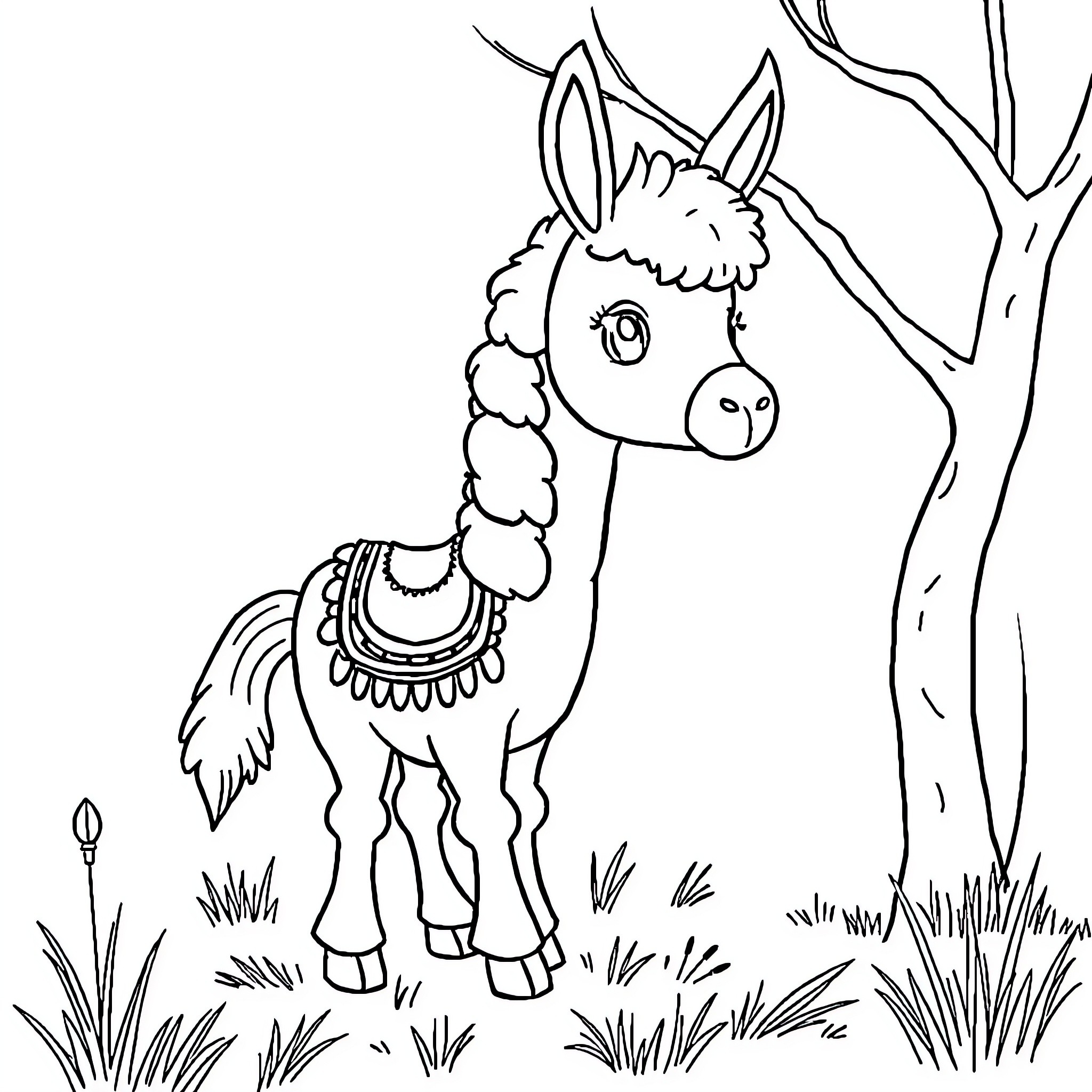 Donkey standing adorably under tree Coloring Page (free black-and-white line drawing printable PDF for all, from beginners to advanced learners, including children, teens, adults, and seniors)