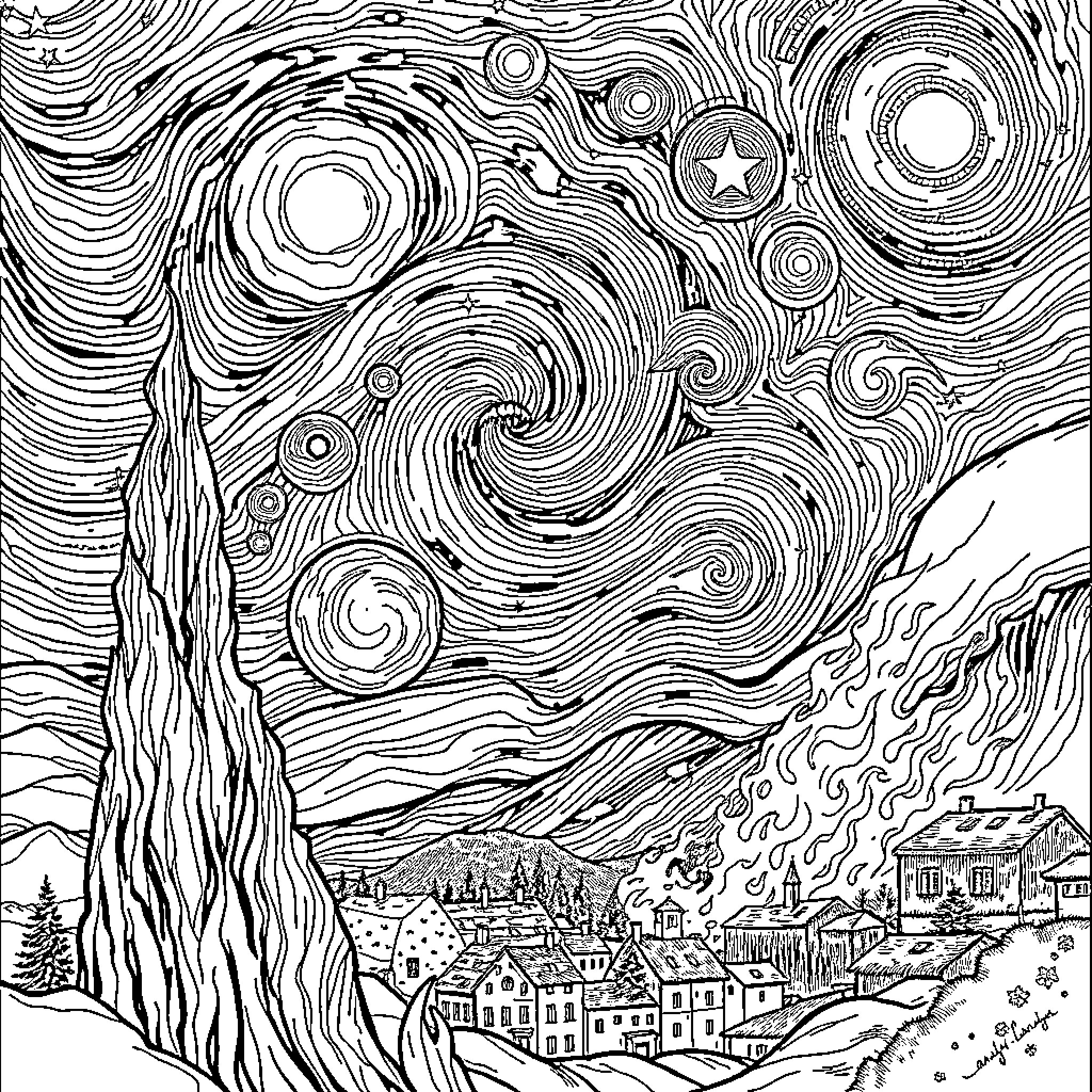 Dragon Swirling Through a Starry Night Sky Coloring Page (free black-and-white line drawing printable PDF for all, from beginners to advanced learners, including children, teens, adults, and seniors)