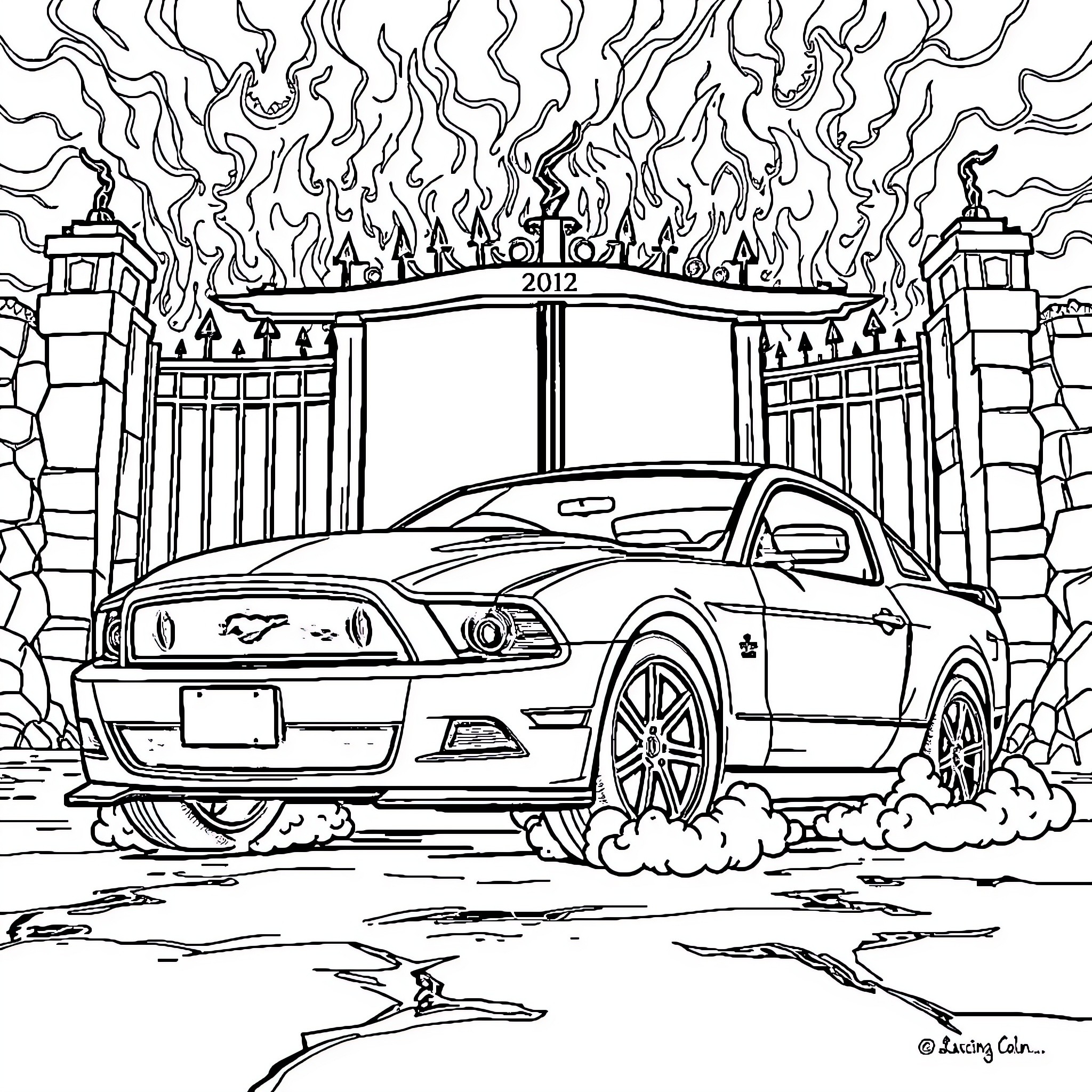 Ford Mustang speeding through burning city gates Coloring Page (free black-and-white line drawing printable PDF for all, from beginners to advanced learners, including children, teens, adults, and seniors)