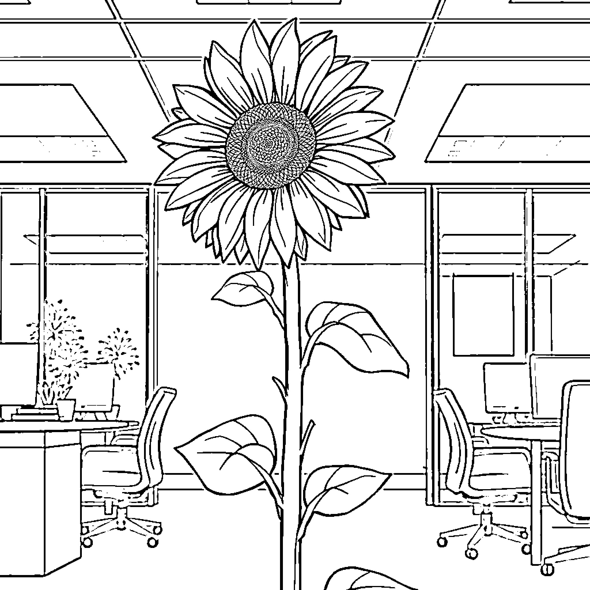 Sunflower Blooming in Office Space Coloring Page (free black-and-white line drawing printable PDF for all, from beginners to advanced learners, including children, teens, adults, and seniors)