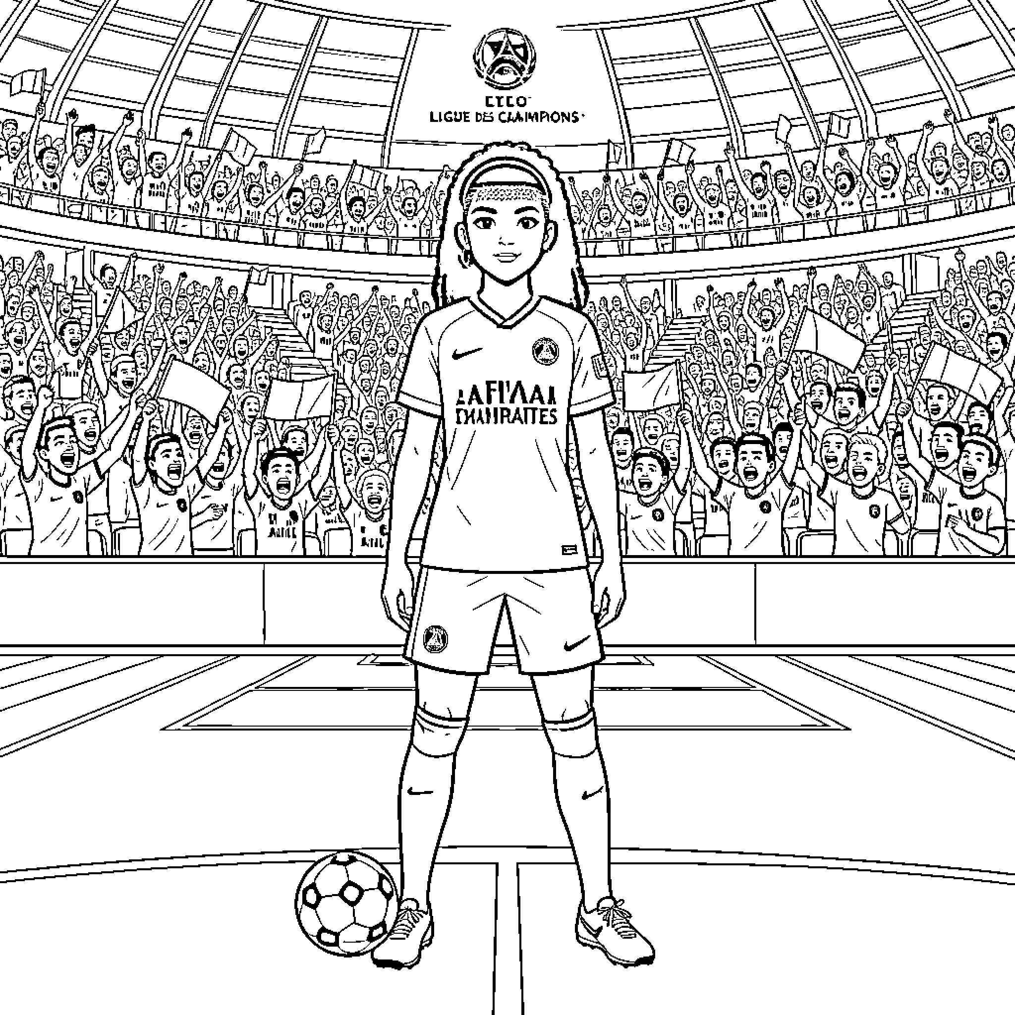 Footballeuse in the stadium with cheering crowd Coloring Page (free black-and-white line drawing printable PDF for all, from beginners to advanced learners, including children, teens, adults, and seniors)