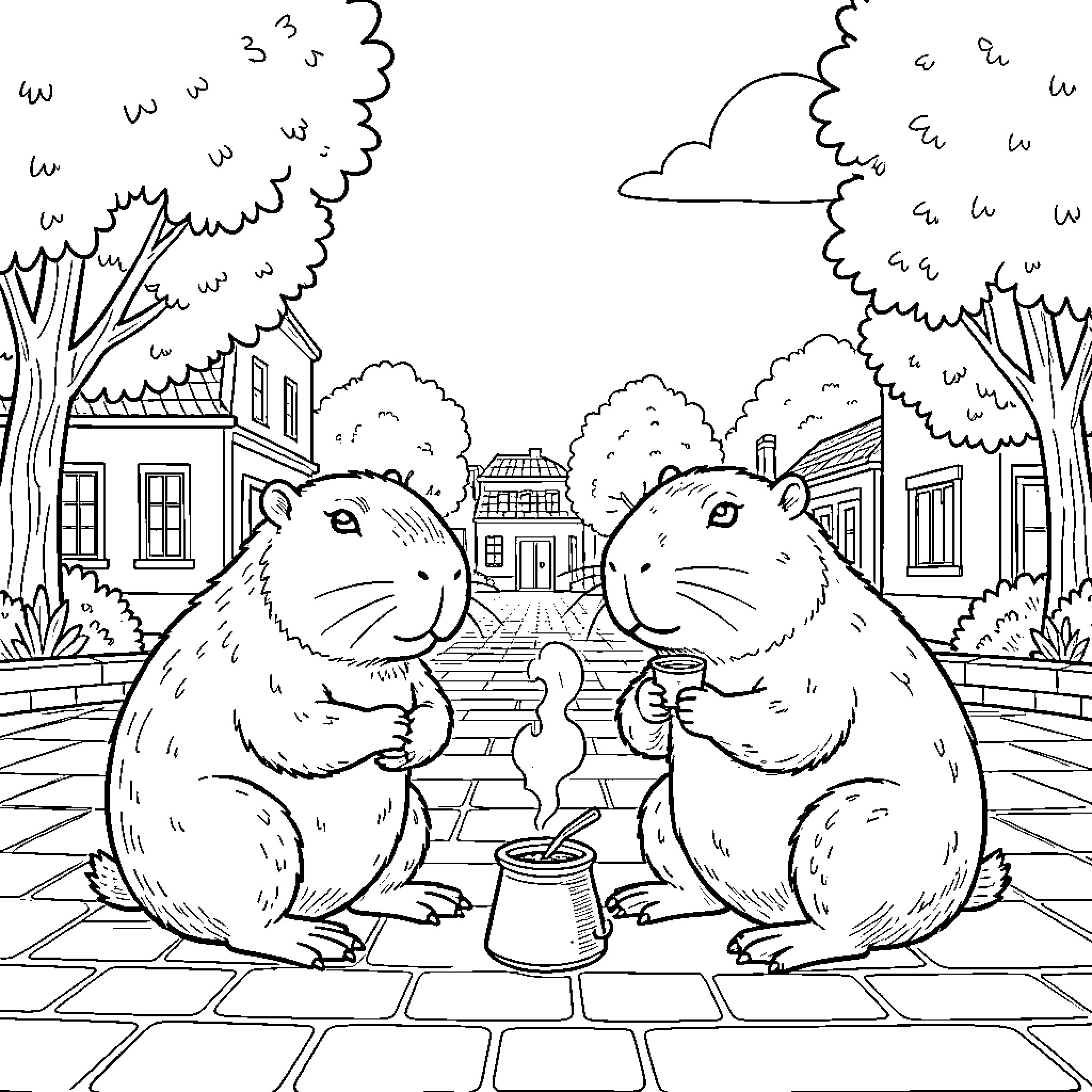 Capybara friends enjoying a cozy afternoon Coloring Page (free black-and-white line drawing printable PDF for all, from beginners to advanced learners, including children, teens, adults, and seniors)