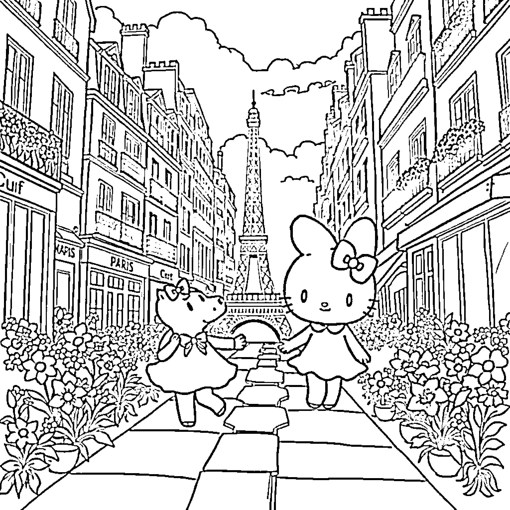 My Melody Exploring the Streets of Paris Coloring Page (free black-and-white line drawing printable PDF for all, from beginners to advanced learners, including children, teens, adults, and seniors)