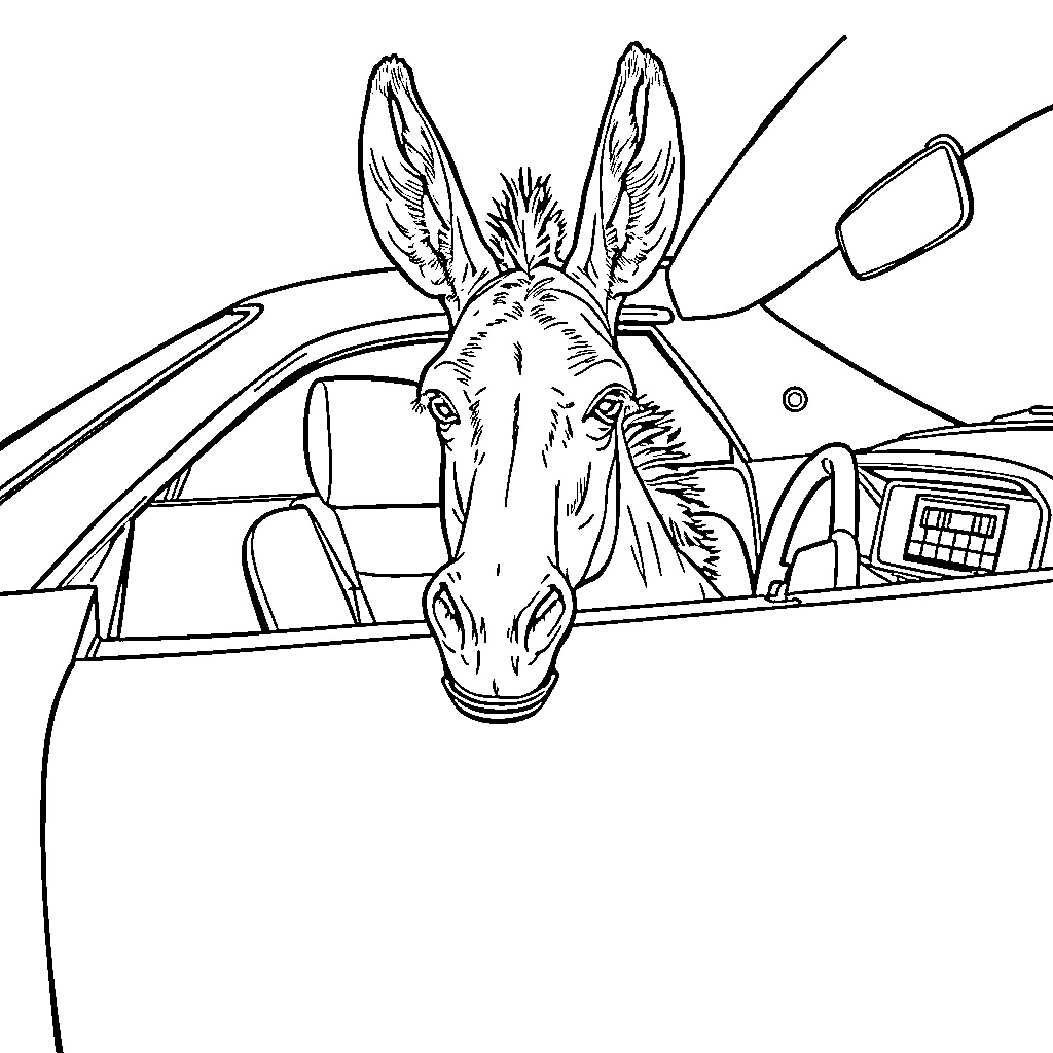 Donkey peeking out from a vehicle Coloring Page (free black-and-white line drawing printable PDF for all, from beginners to advanced learners, including children, teens, adults, and seniors)