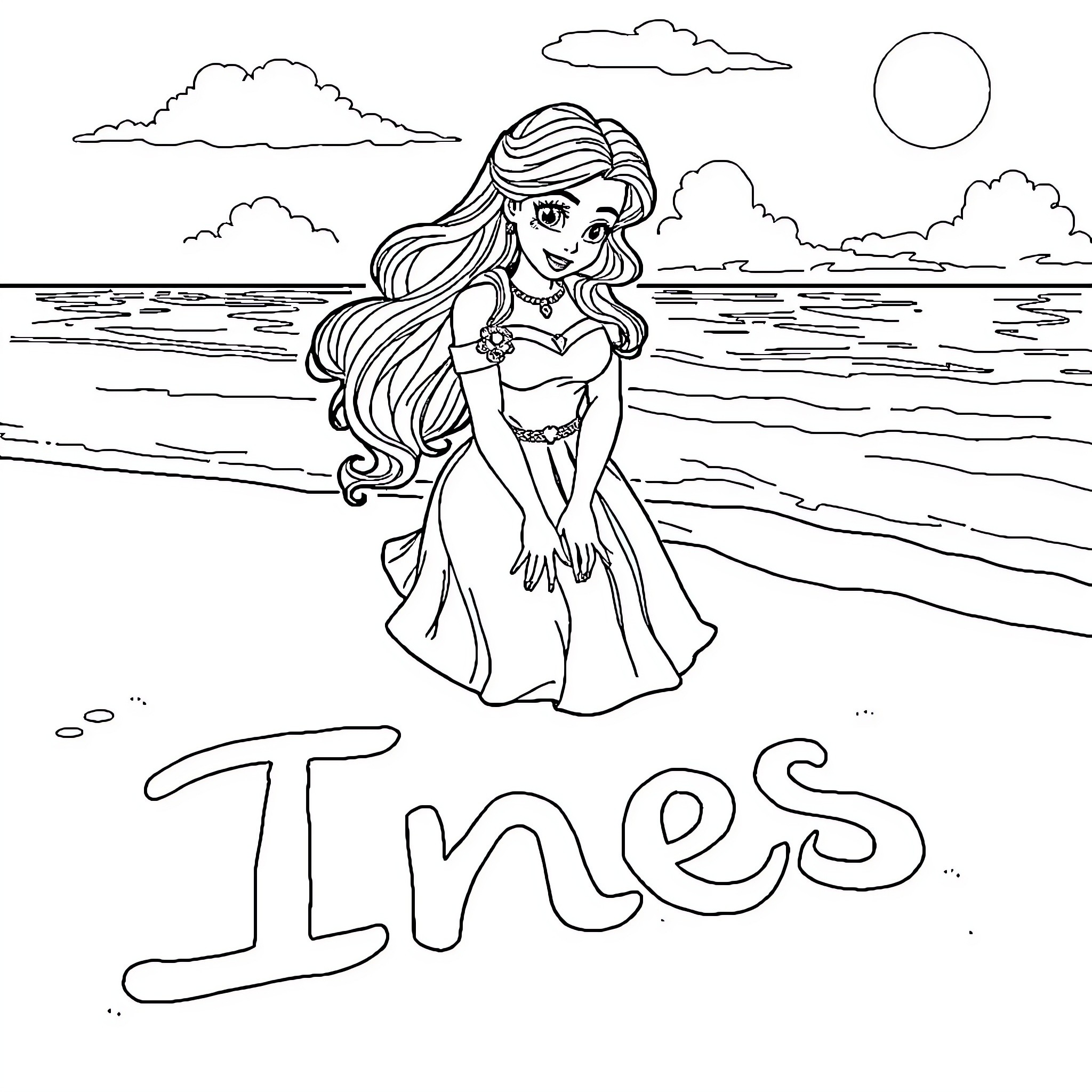 Elena enjoying a serene day at the beach Coloring Page (free black-and-white line drawing printable PDF for all, from beginners to advanced learners, including children, teens, adults, and seniors)