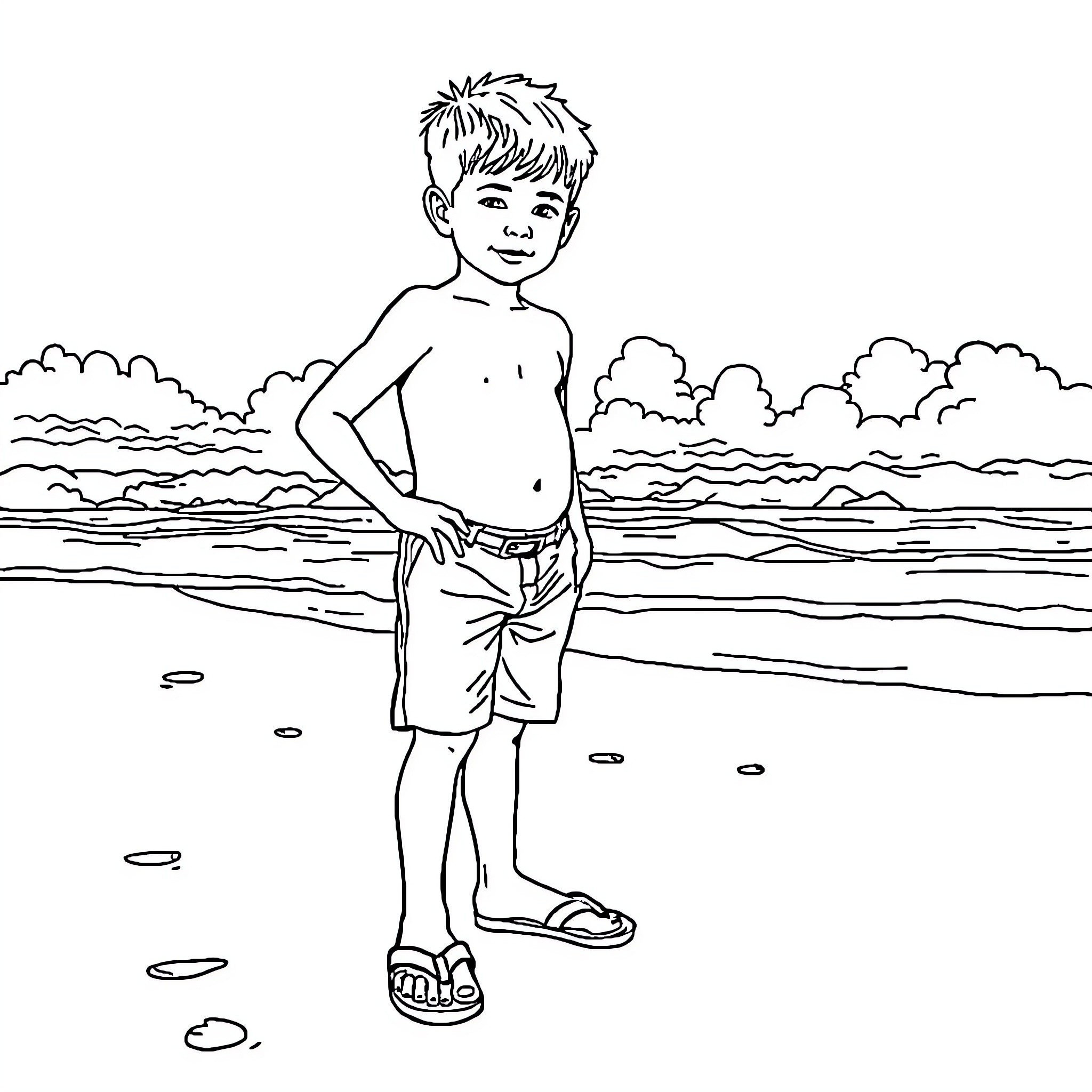 Boy enjoying a sunny day at the beach Coloring Page (free black-and-white line drawing printable PDF for all, from beginners to advanced learners, including children, teens, adults, and seniors)