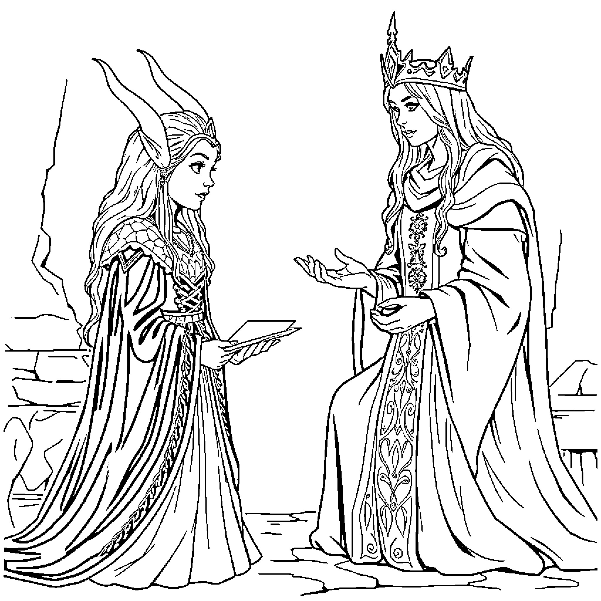Elven Queen in Regal Dialogue with Winged Warrior Coloring Page (free black-and-white line drawing printable PDF for all, from beginners to advanced learners, including children, teens, adults, and seniors)